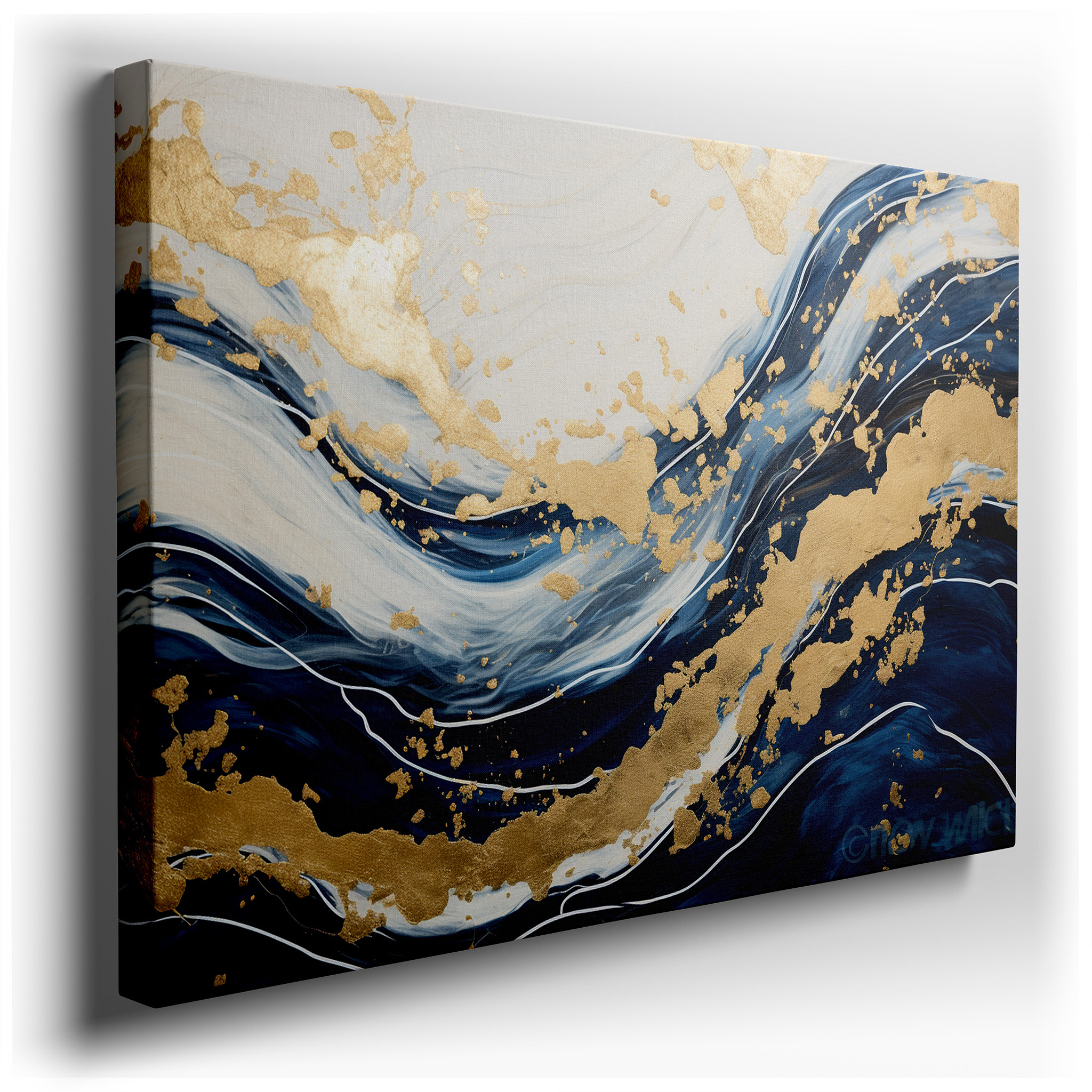 Luxurious Large Wall Art Featuring Dynamic Ocean Waves in Blue and White with Gold Leaf Accents, Perfect for Office or