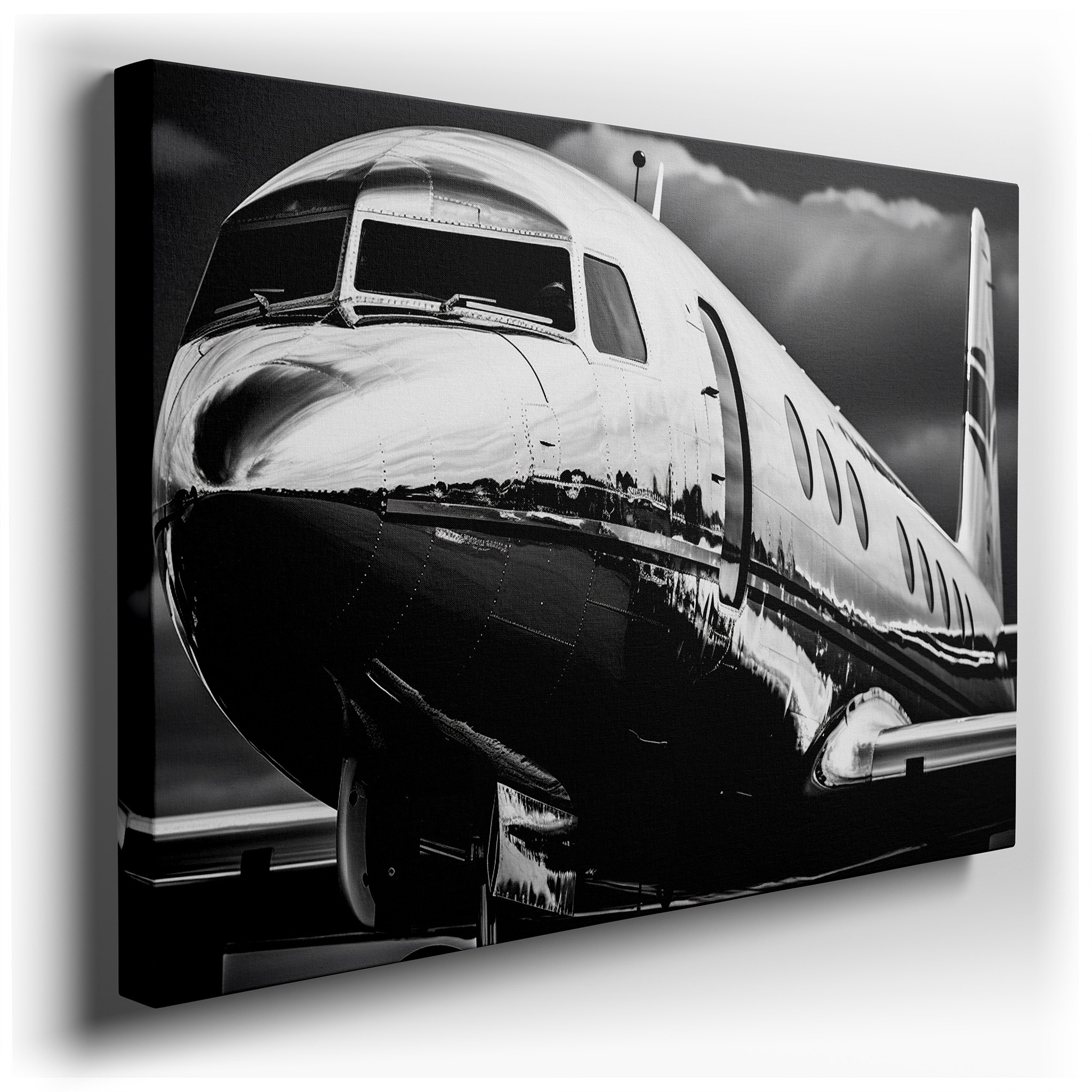 Luxurious Silver Jet Soaring Through Swirling Clouds - High - End Travel Themed Large Wall Art, Canvas Decor for Office