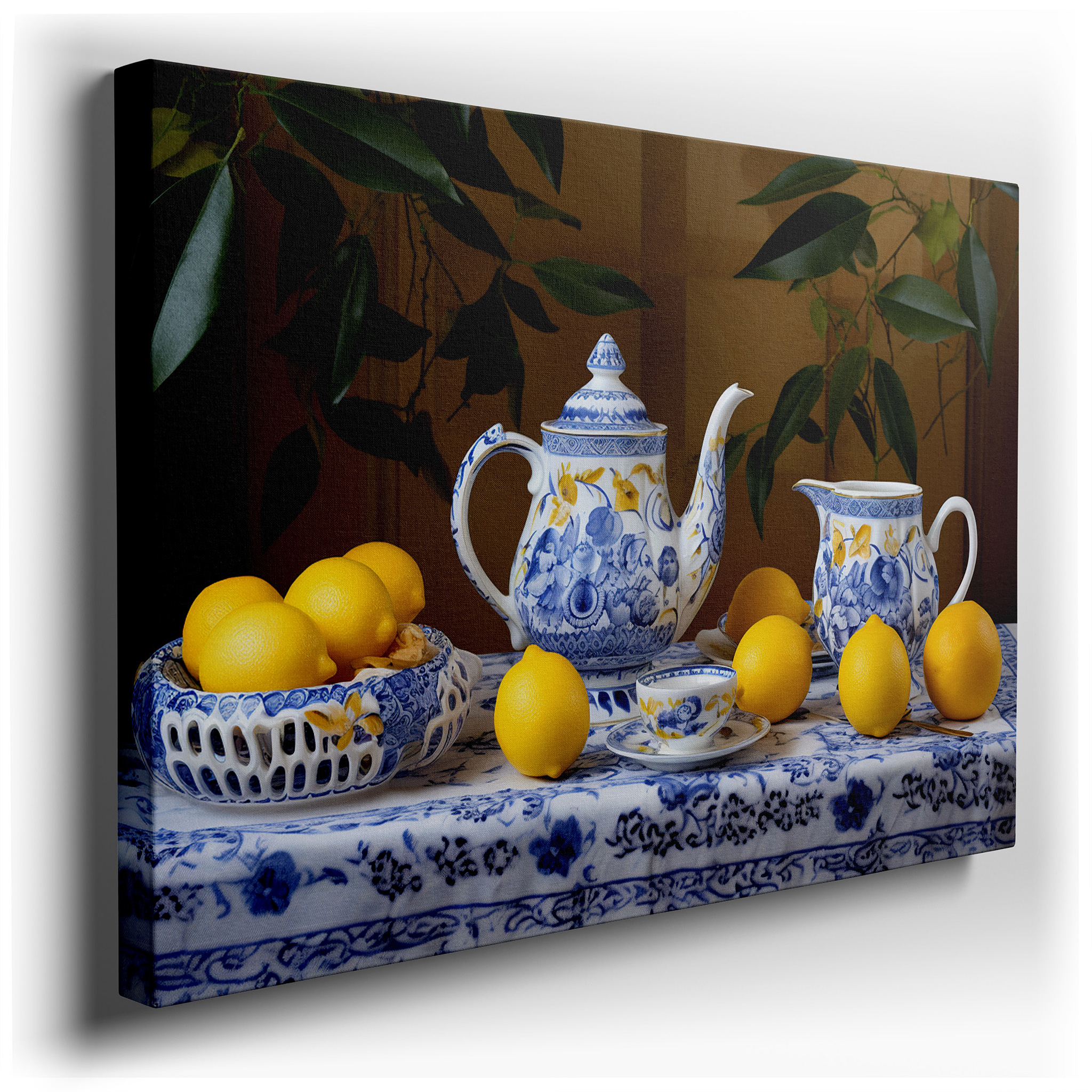 Luxurious Tea Set with Bright Lemons on an Ornate Tablecloth - Celebrating Hospitality and Warmth, Large Wall Art,