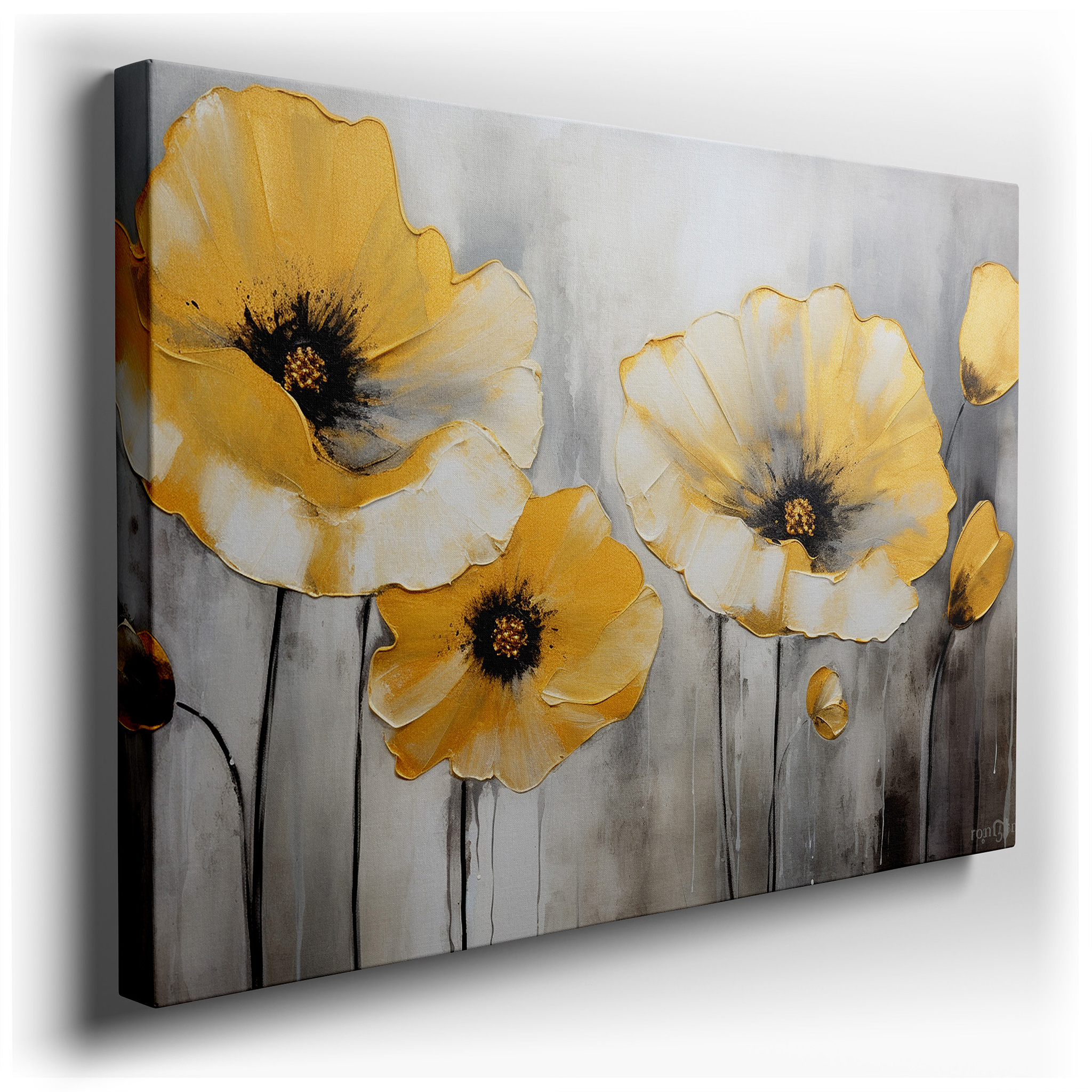 Luxurious White and Gold Poppies on Textured Silver and Gray Large Wall Art, Canvas Wall Art, Elegant and Tranquil