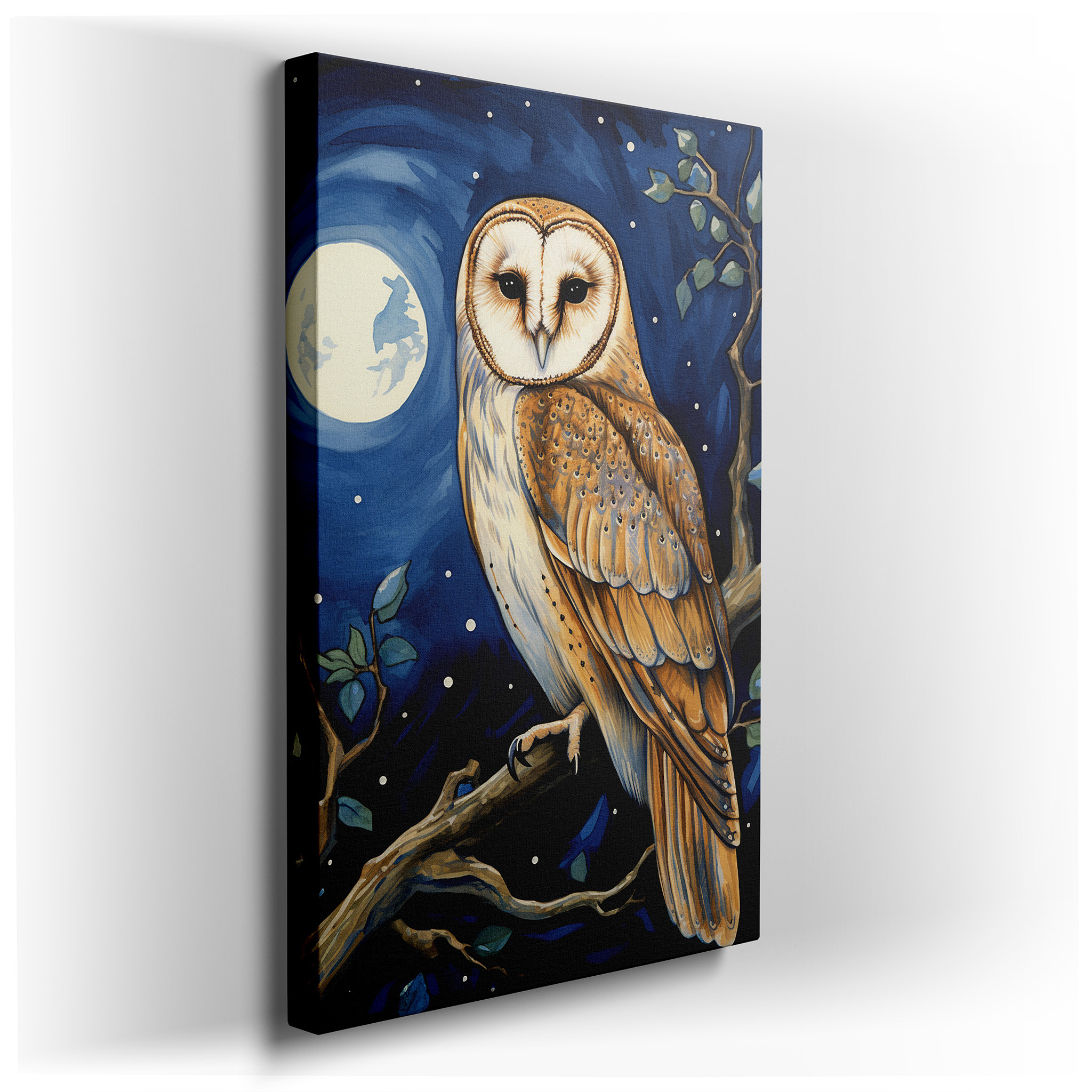 Majestic Barn Owl Under a Starlit Sky: Experience the Serenity of Nature's Nighttime Splendor with Large Canvas Wall