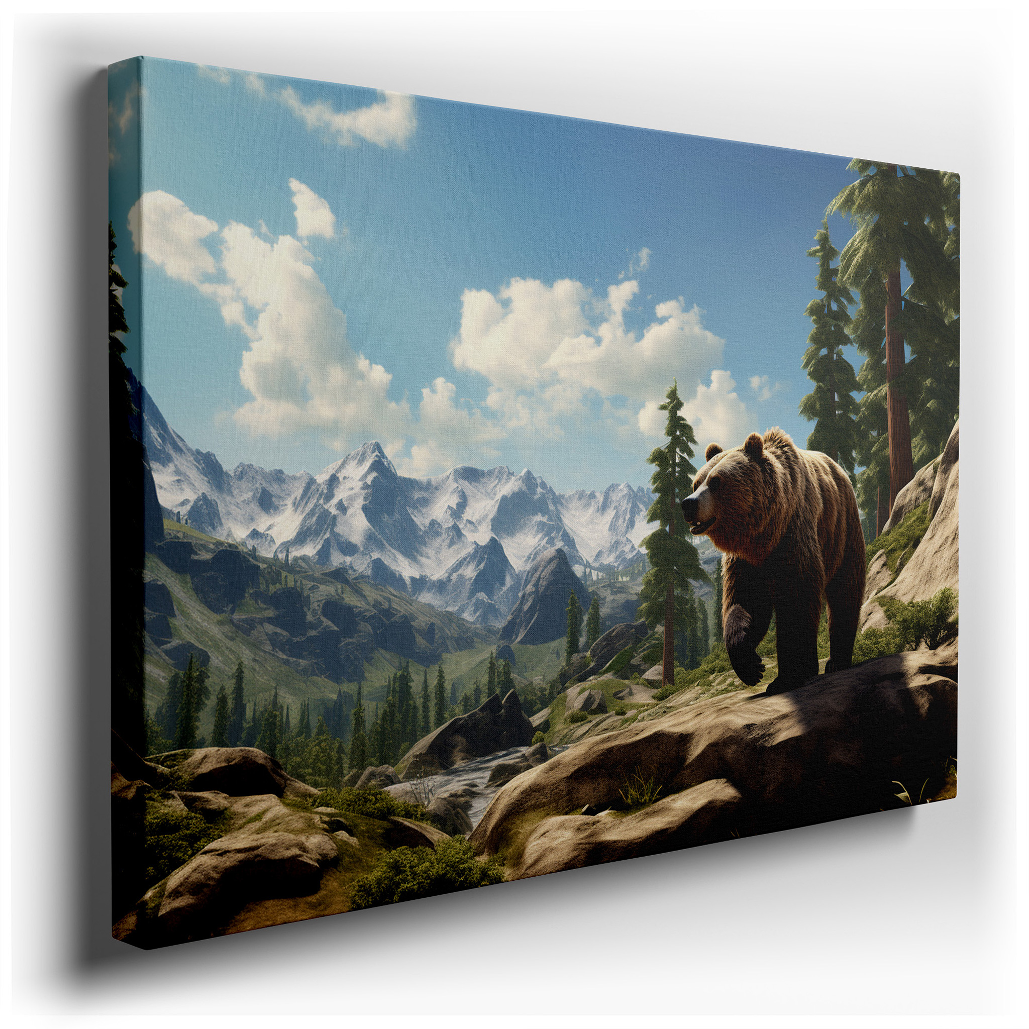 Majestic Bear Amidst Scenic Mountain Vistas - Celebrating Wild Natural Beauty, Large Canvas Wall Art Decor wrapped