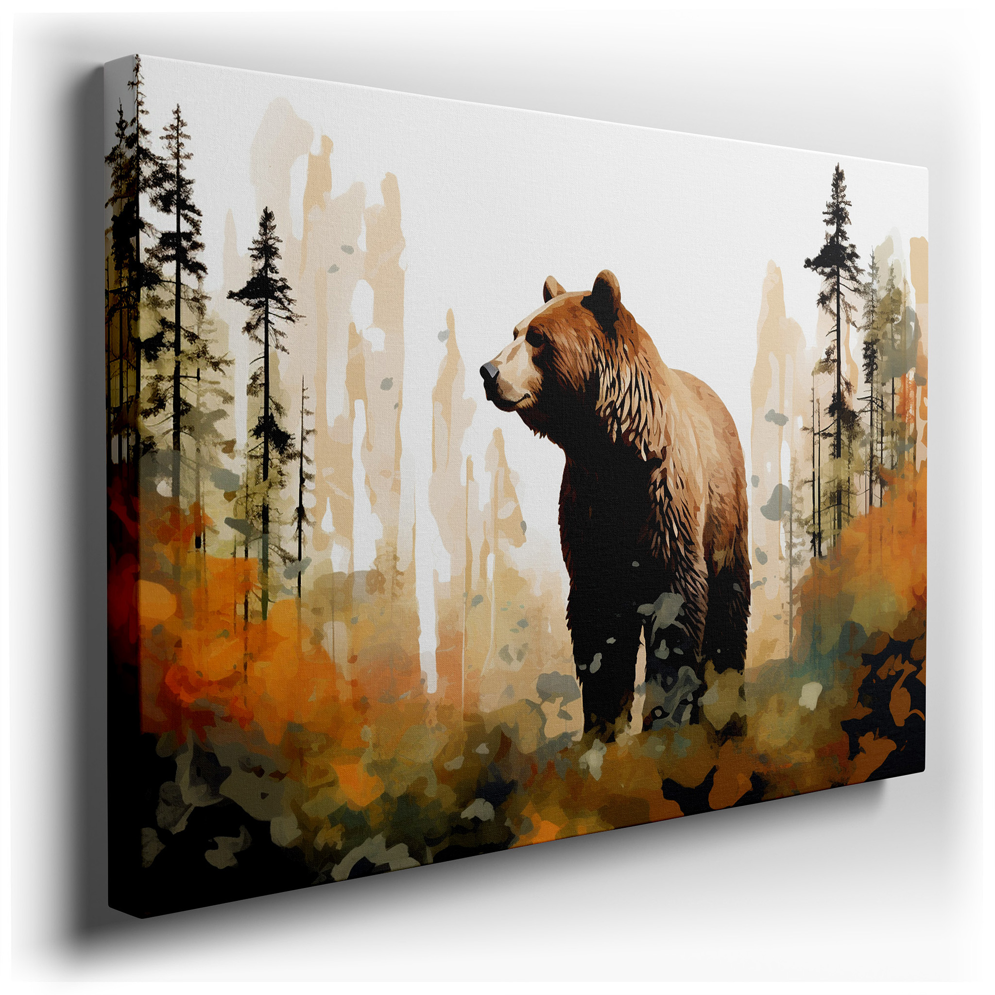 Majestic Bear in Lush Wilderness: A Blend of Realistic and Abstract Aesthetics - Large Canvas Wall Art for Home and