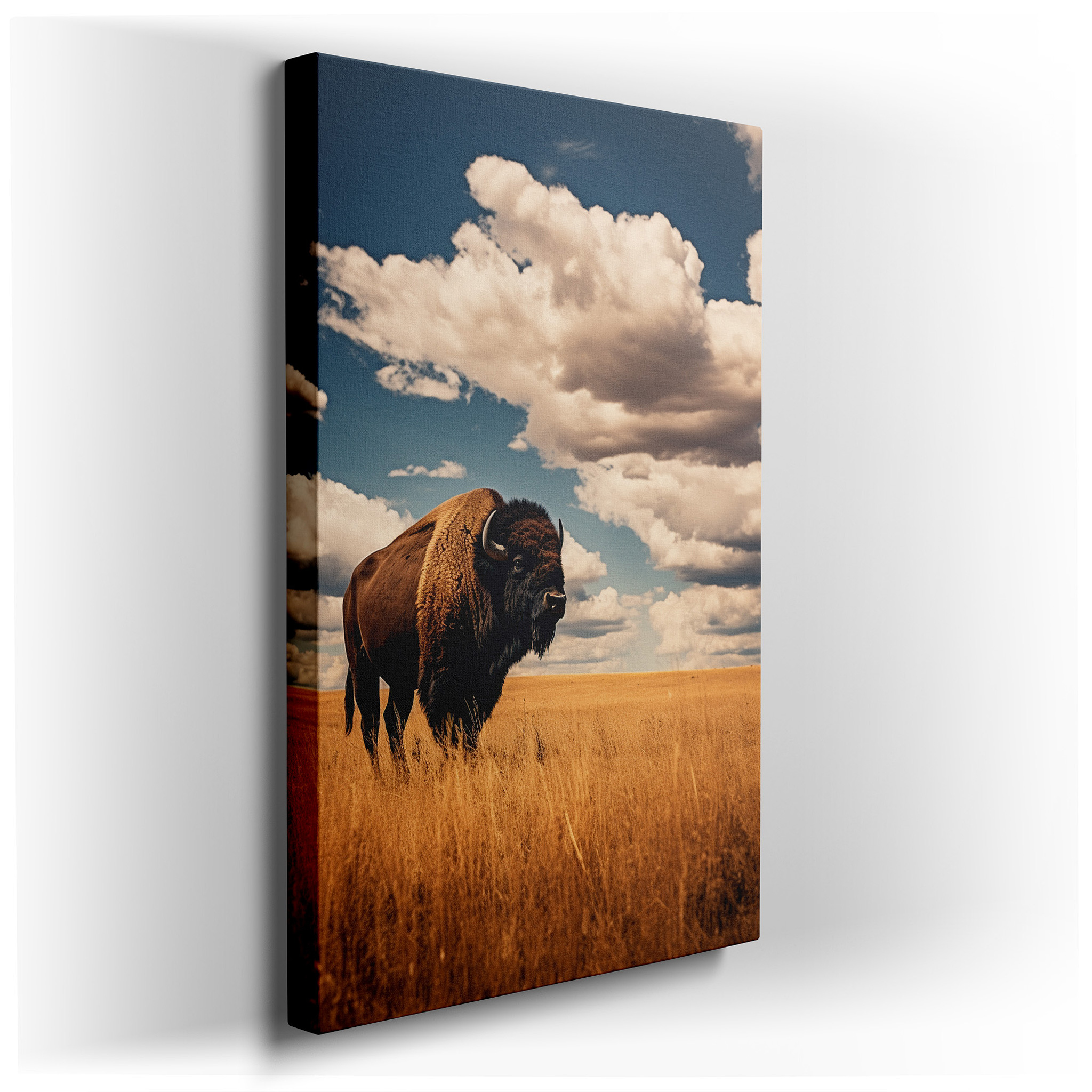 Majestic Bison on Golden Prairie Under Expansive Blue Sky - Large Canvas Wall Art for Office, Bedroom, and Living Room