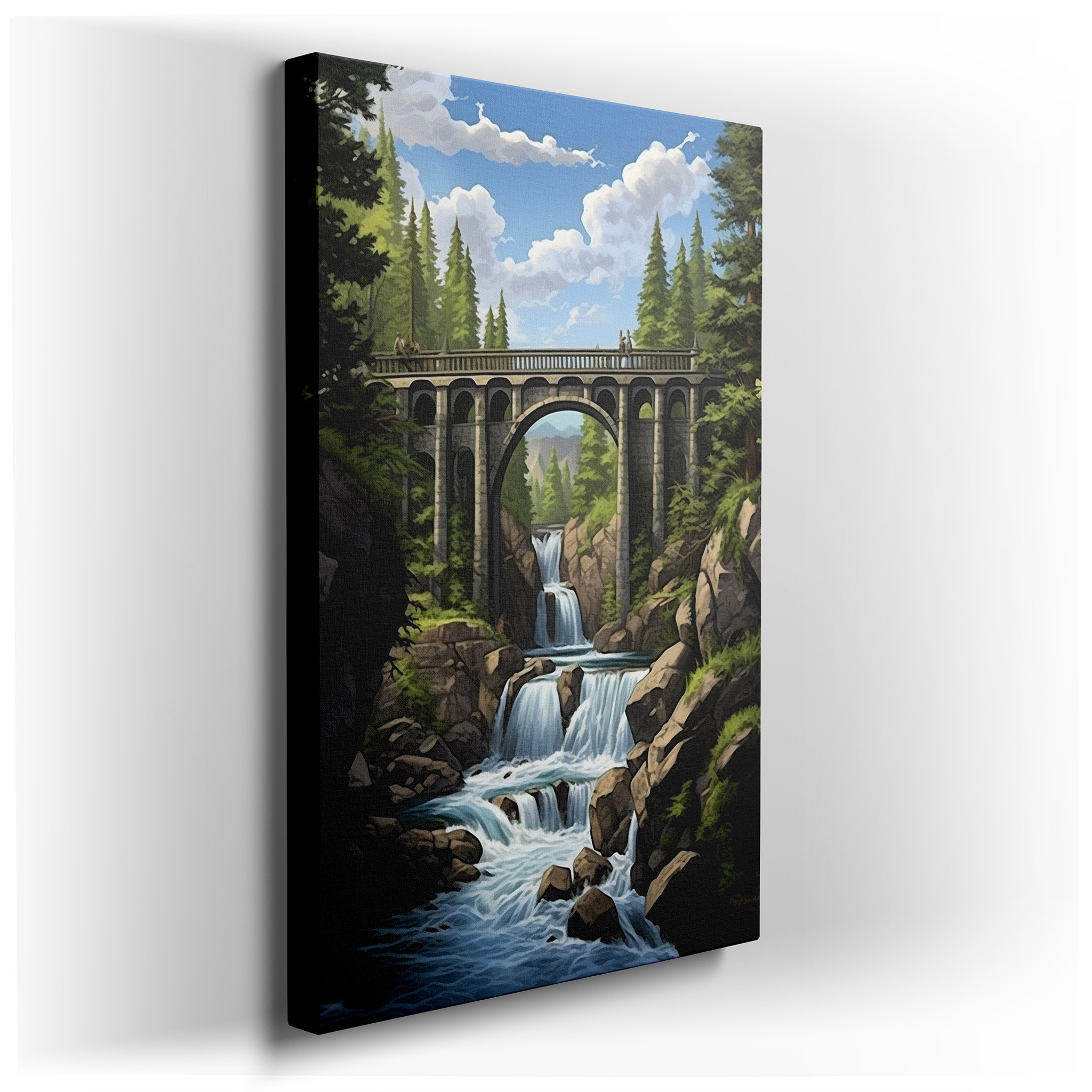 Majestic Bridge and Cascading Waterfalls Wall Art, Large Canvas Print, Nature and Craftsmanship Themed Office Decor