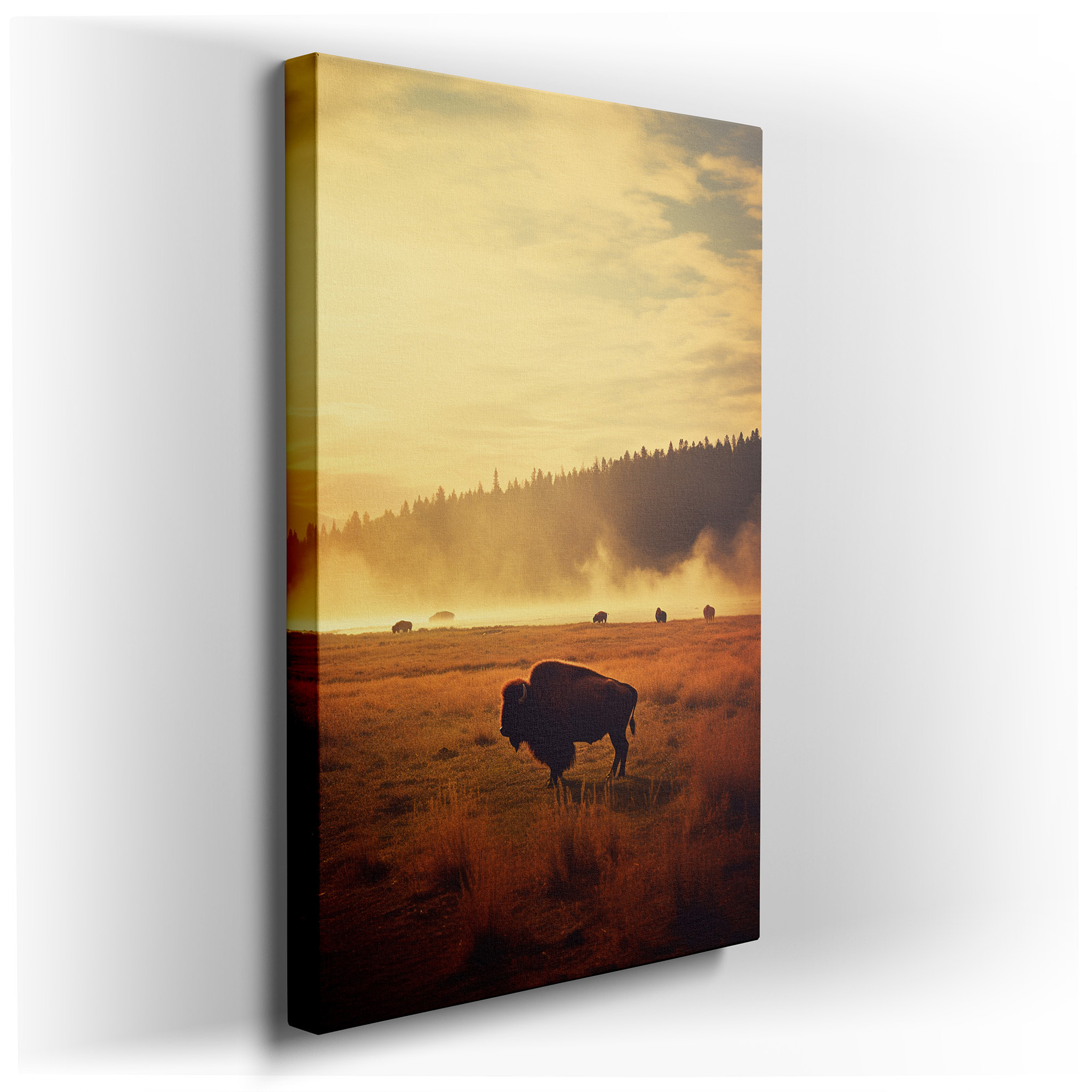 Majestic Buffalo at Sunrise in Misty Prairie: Symbol of Strength and Serenity - Large Canvas Wall Art for Home and