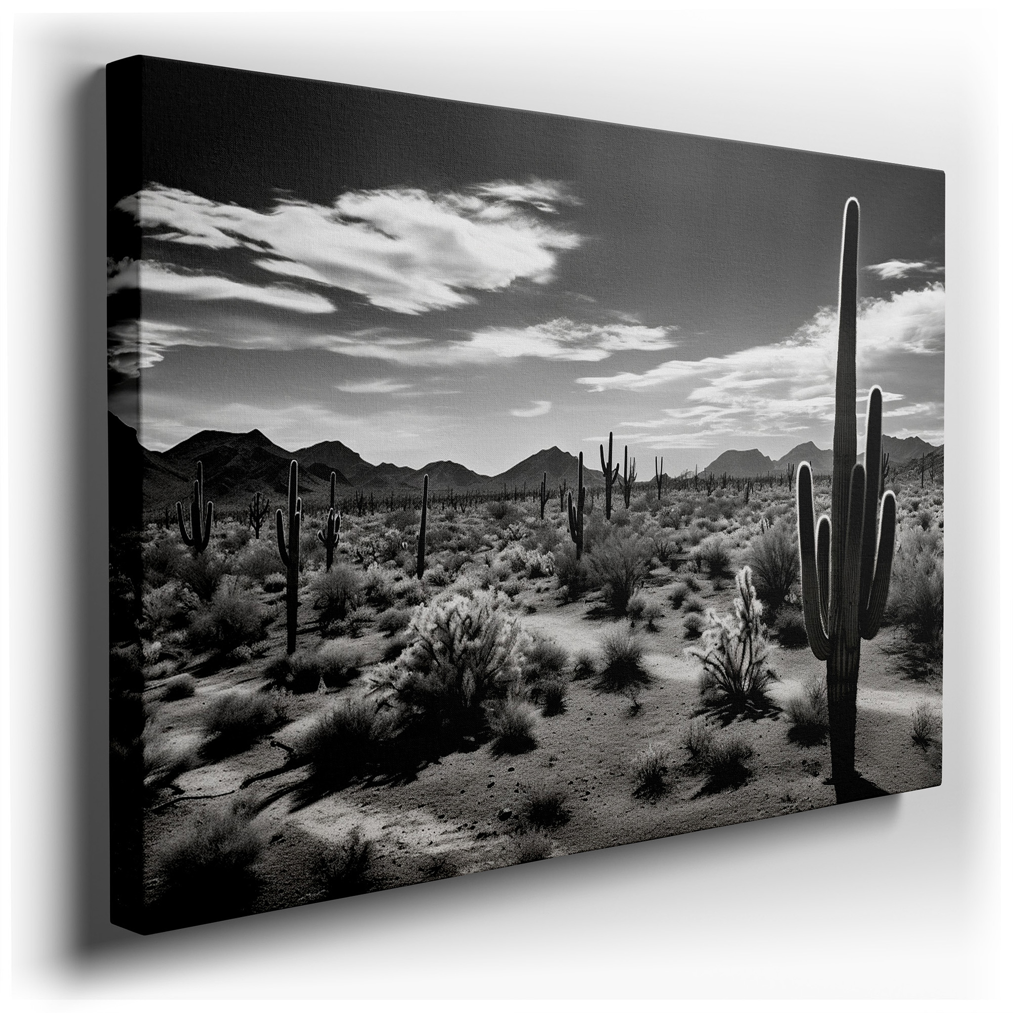Majestic Cacti and Stark Sunlight Monochromatic Desert Landscape Wall Art, Large Canvas Decor for Office and Bedroom