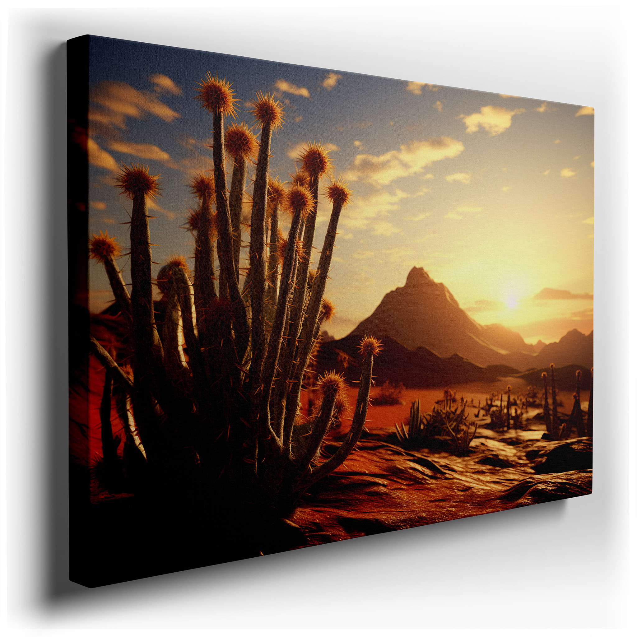 Majestic Cacti Silhouetted Against a Vibrant Sunset in the Desert - Large Canvas Wall Art for Office and Bedroom Decor
