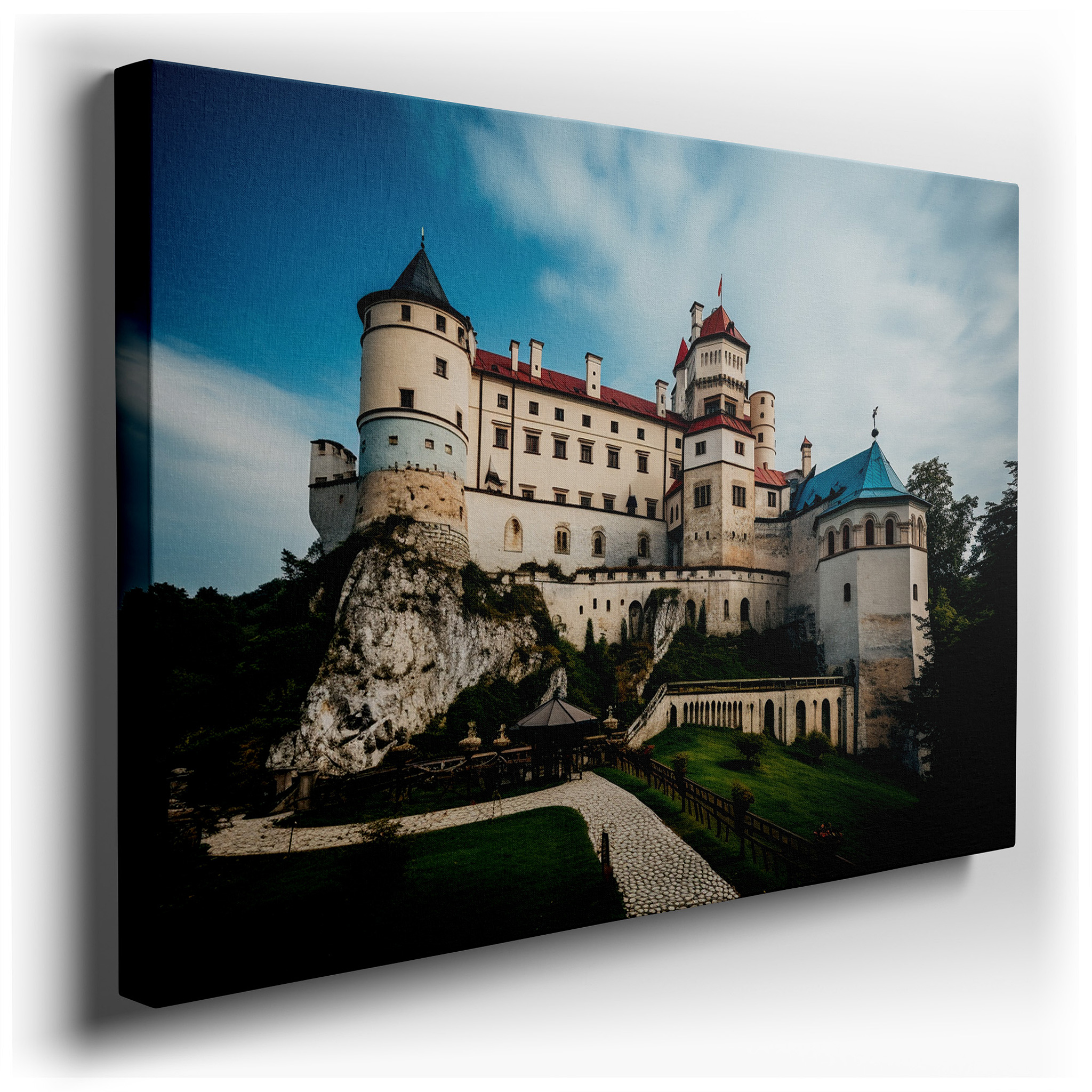 Majestic Castle on a Cliff Surrounded by Lush Greenery Under a Bright Sky - Large Canvas Wall Art for Home and Office