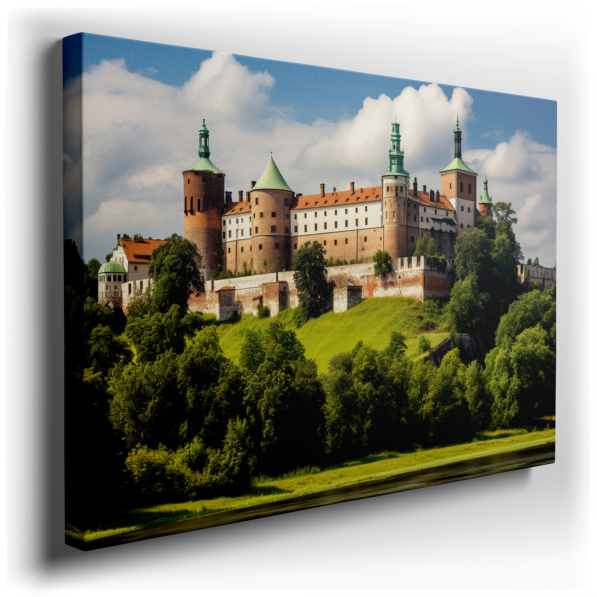 Majestic Castle on a Hill, Medieval Splendor Surrounded by Verdant Greenery and Peaceful Waters - Large Canvas Wall Art