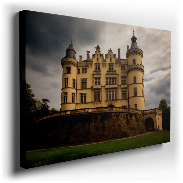 Majestic Castle on Rugged Hill - Vintage Blue Canvas Wall Art