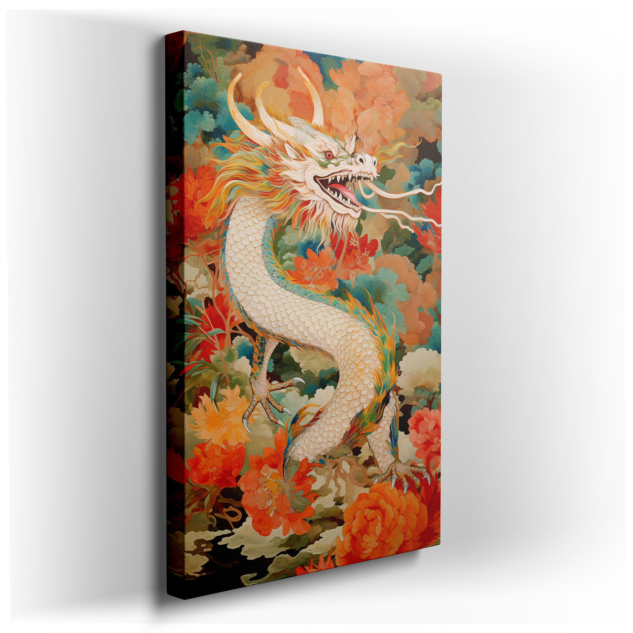 Majestic Dragon Among Vibrant Blossoms - A Blend of Myth and Nature Large Wall Art, Canvas Wall Art, Wall Decor, Office