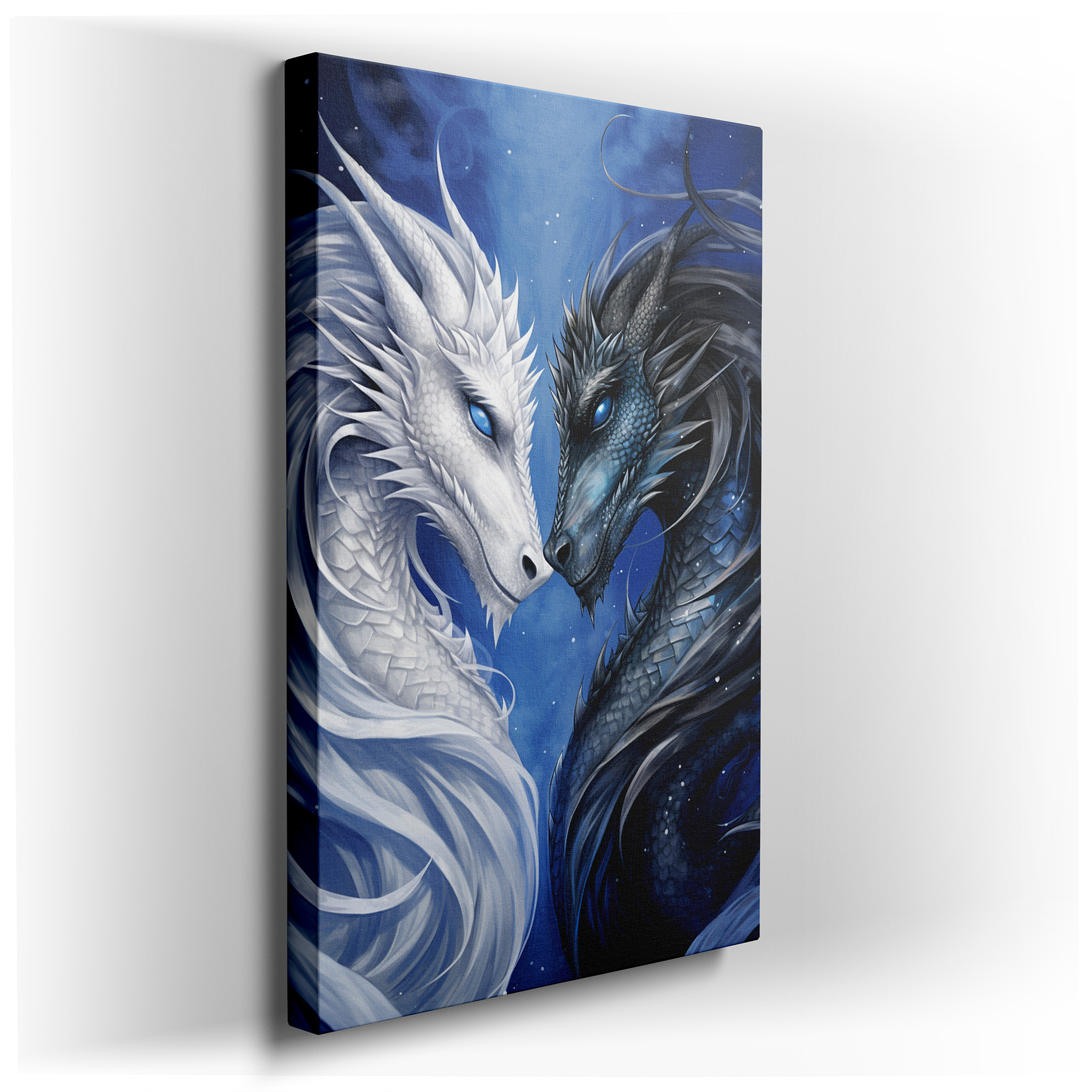 Majestic Dragons in Celestial Dance: The Eternal Struggle of Good vs. Evil - Large Canvas Wall Art for Office and
