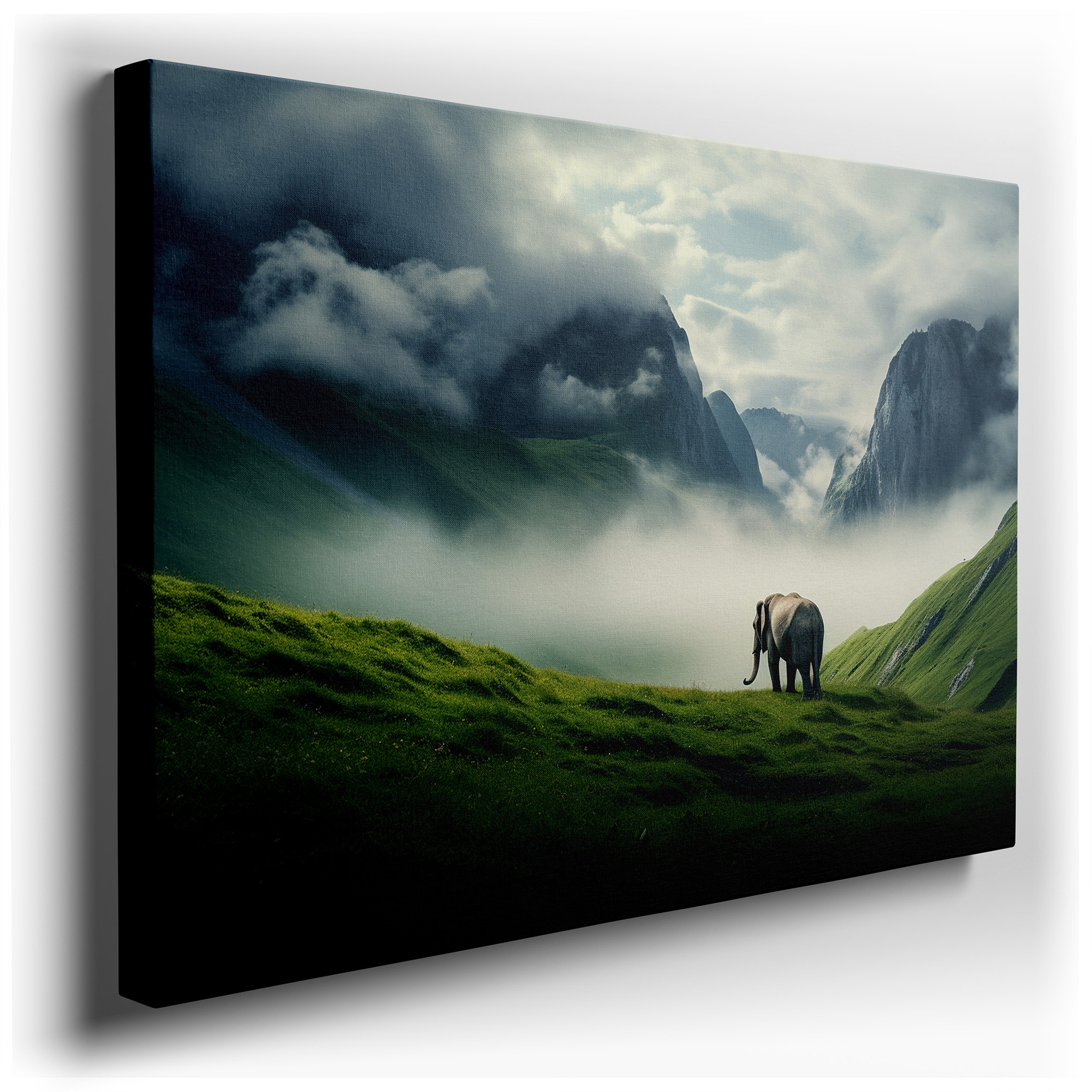 Majestic Elephant in Misty Mountains: Serene Nature Splendor Large Wall Art, Canvas Wall Art, Wall Decor for Office
