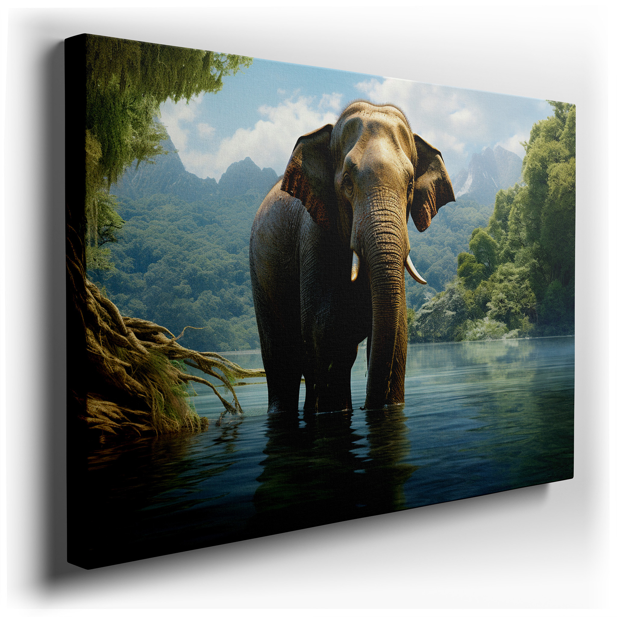 Majestic Elephant in Shallow Waters Amidst Lush Greenery at Dawn - Large Canvas Wall Art for Office and Bedroom Decor