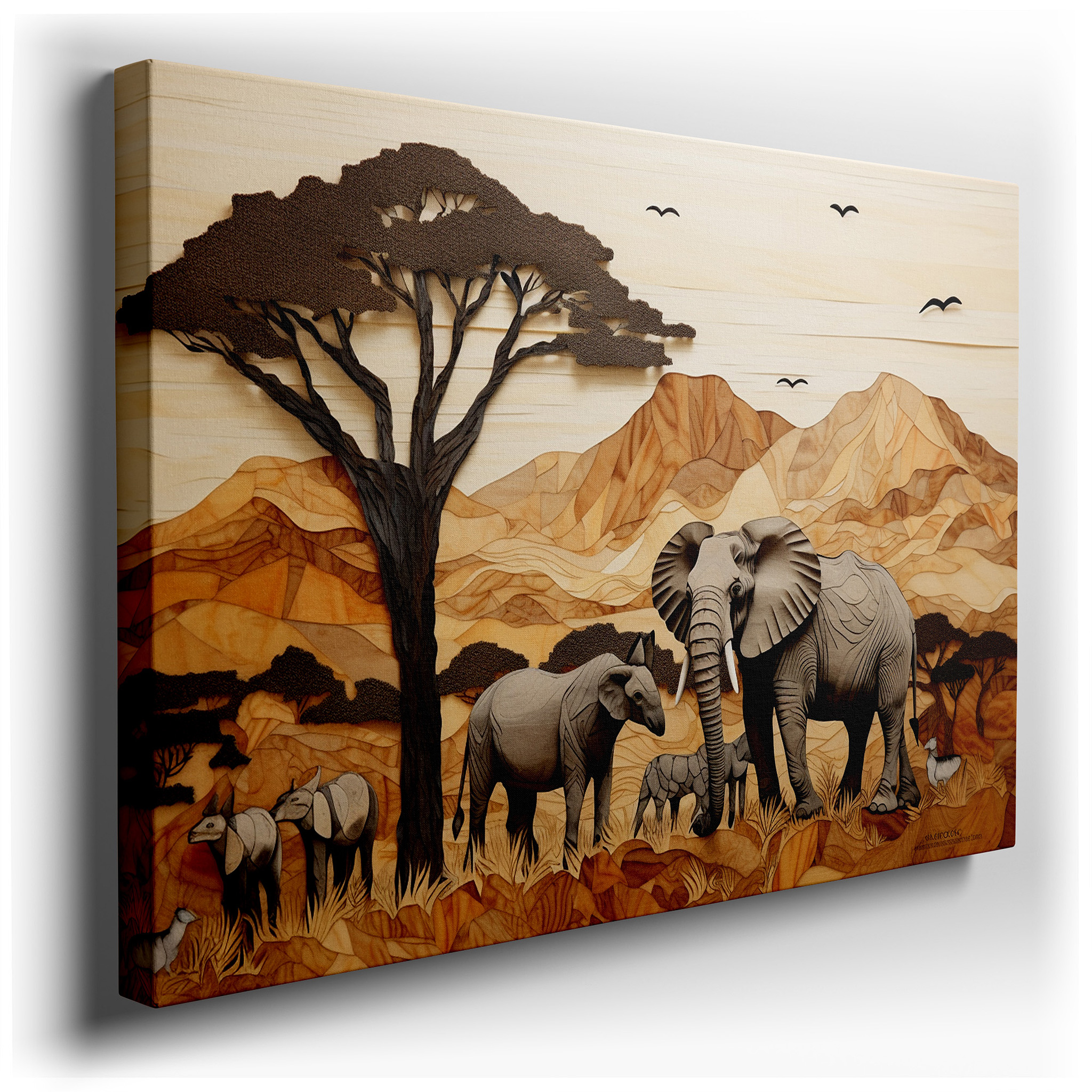 Majestic Elephants Among Green Mountains and Dense Trees, Serene Family Carved Wood Scene, Large Wall Art, Canvas Wall