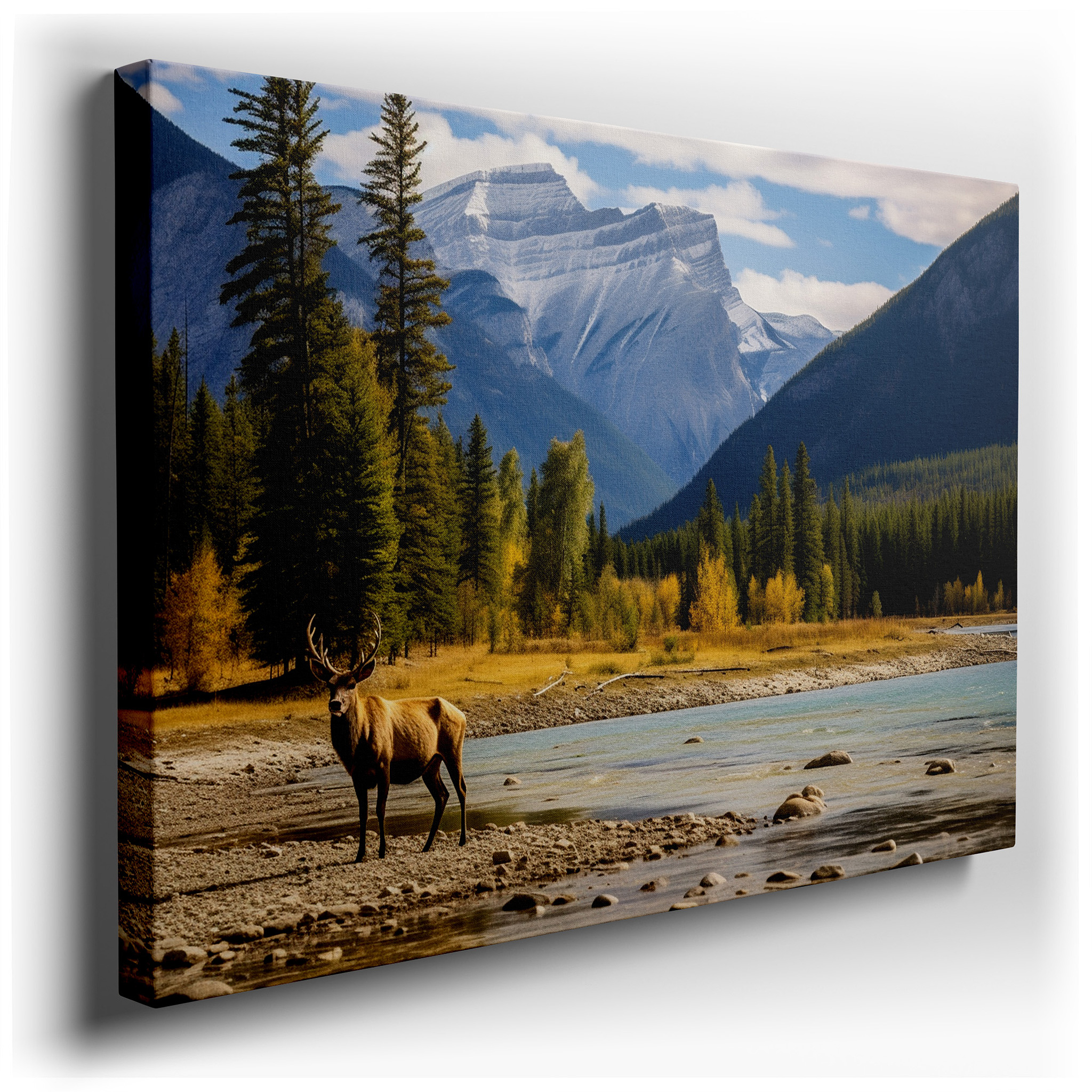 Majestic Elk by the Serene River with Lush Scenery and Striking Mountains - Large Canvas Wall Art for Office Decor