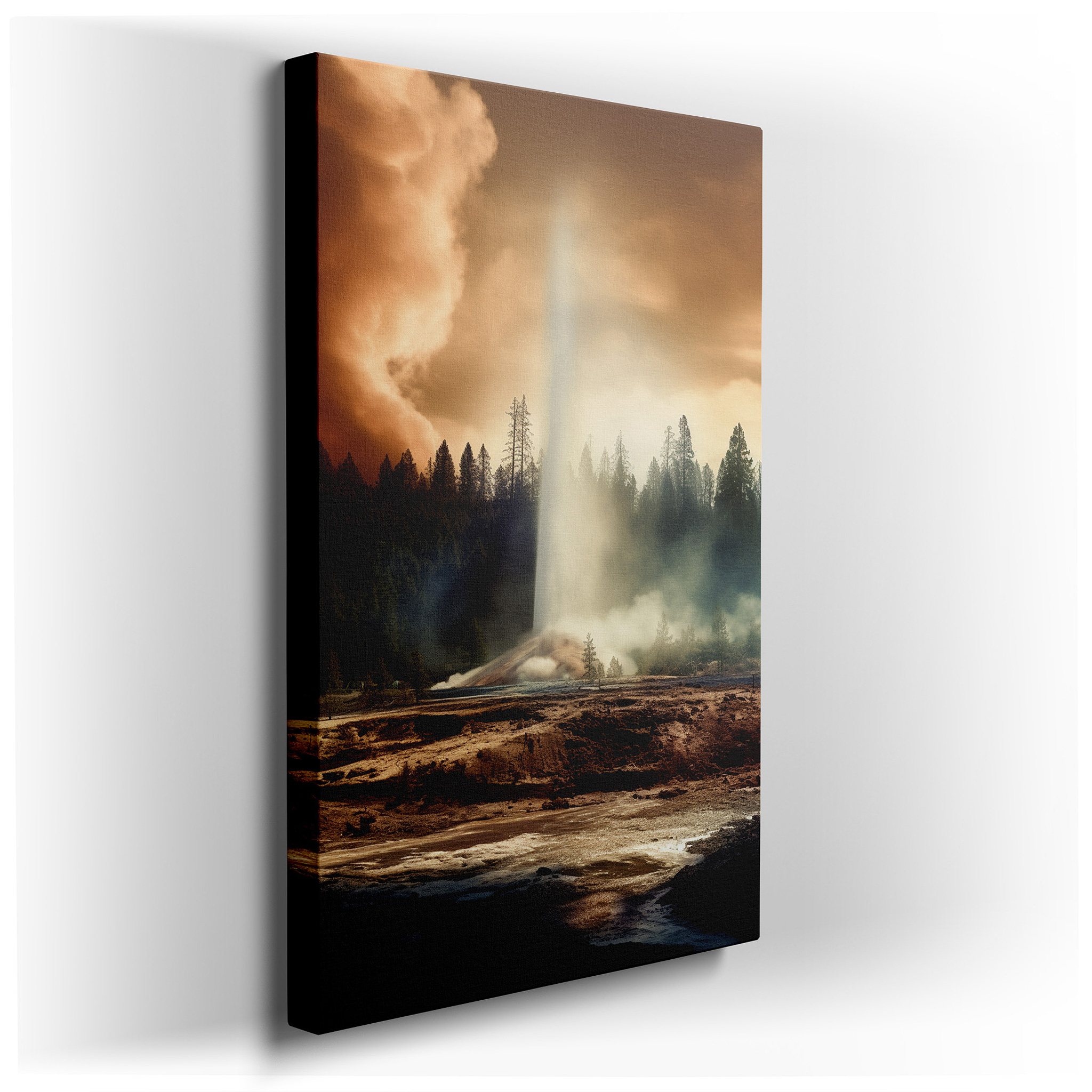 Majestic Geyser Eruption Wall Art Featuring Towering Pines and Stormy Skies for Office, Bedroom, and Living Room Decor