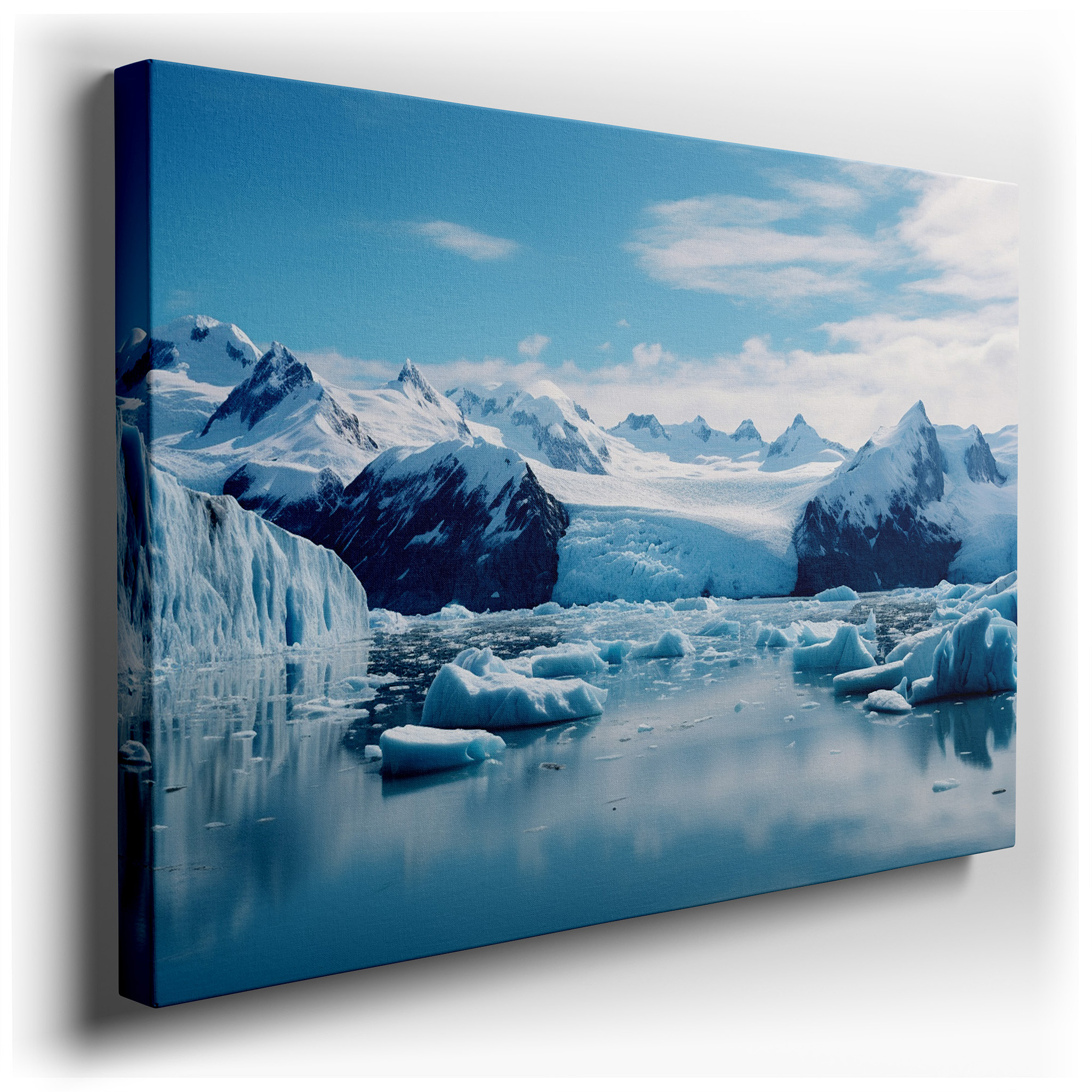 Majestic Icebergs and Towering Mountains in a Serene Icy Wilderness: Large Canvas Wall Art for Office and Bedroom Decor