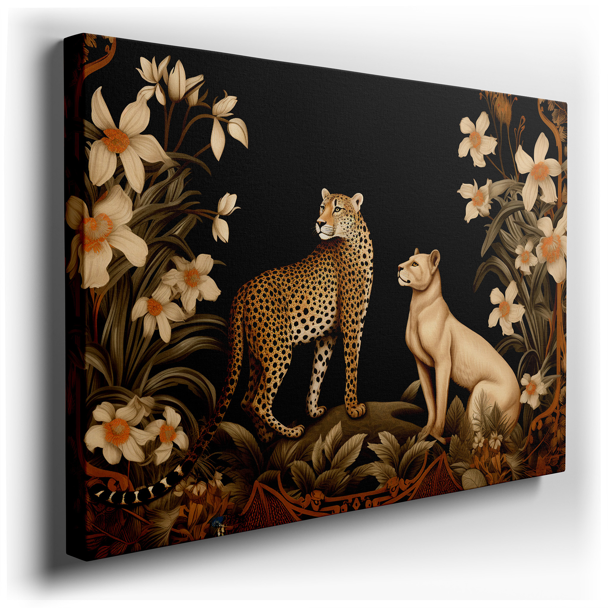 Majestic Leopard and Lioness Among Vibrant Florals - Celebrating Wildlife Harmony and Conservation, Large Canvas Wall