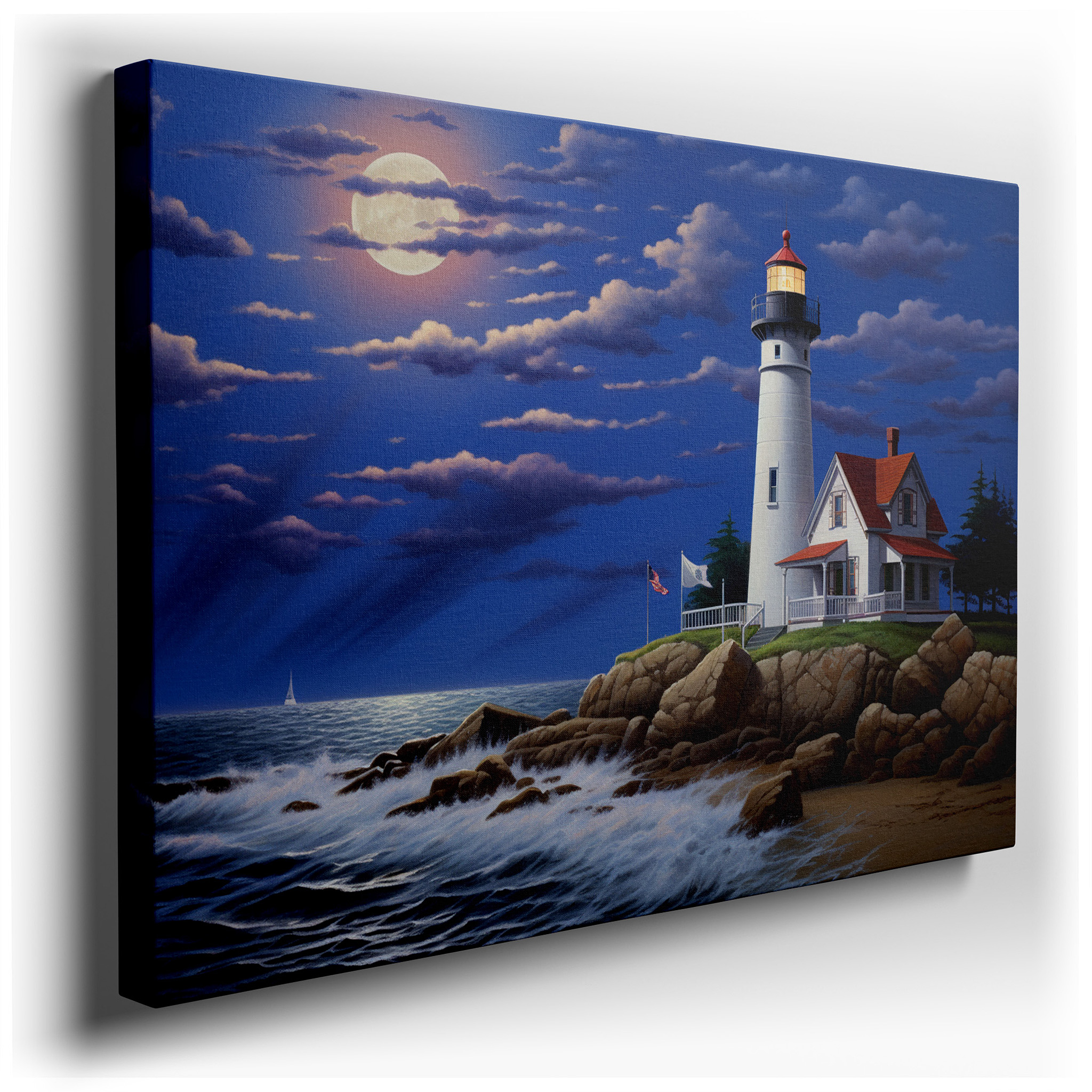 Majestic Lighthouse Amidst Stormy Seas Under the Mystical Moonlight Large Wall Art, Canvas Wall Art, Wall Decor for