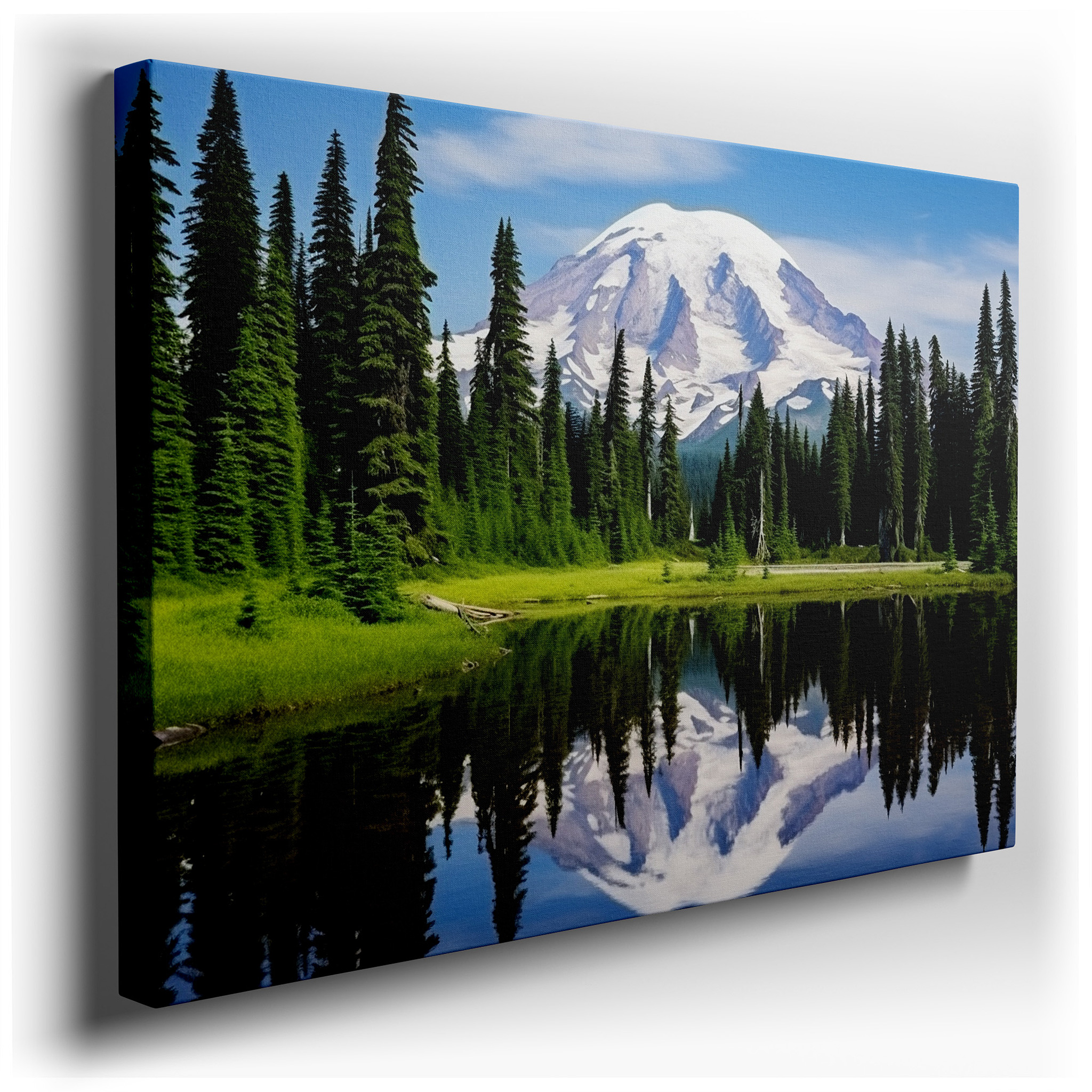 Majestic Mountain and Serene Lake Reflection Surrounded by Lush Evergreens - Large Canvas Wall Art for Office and