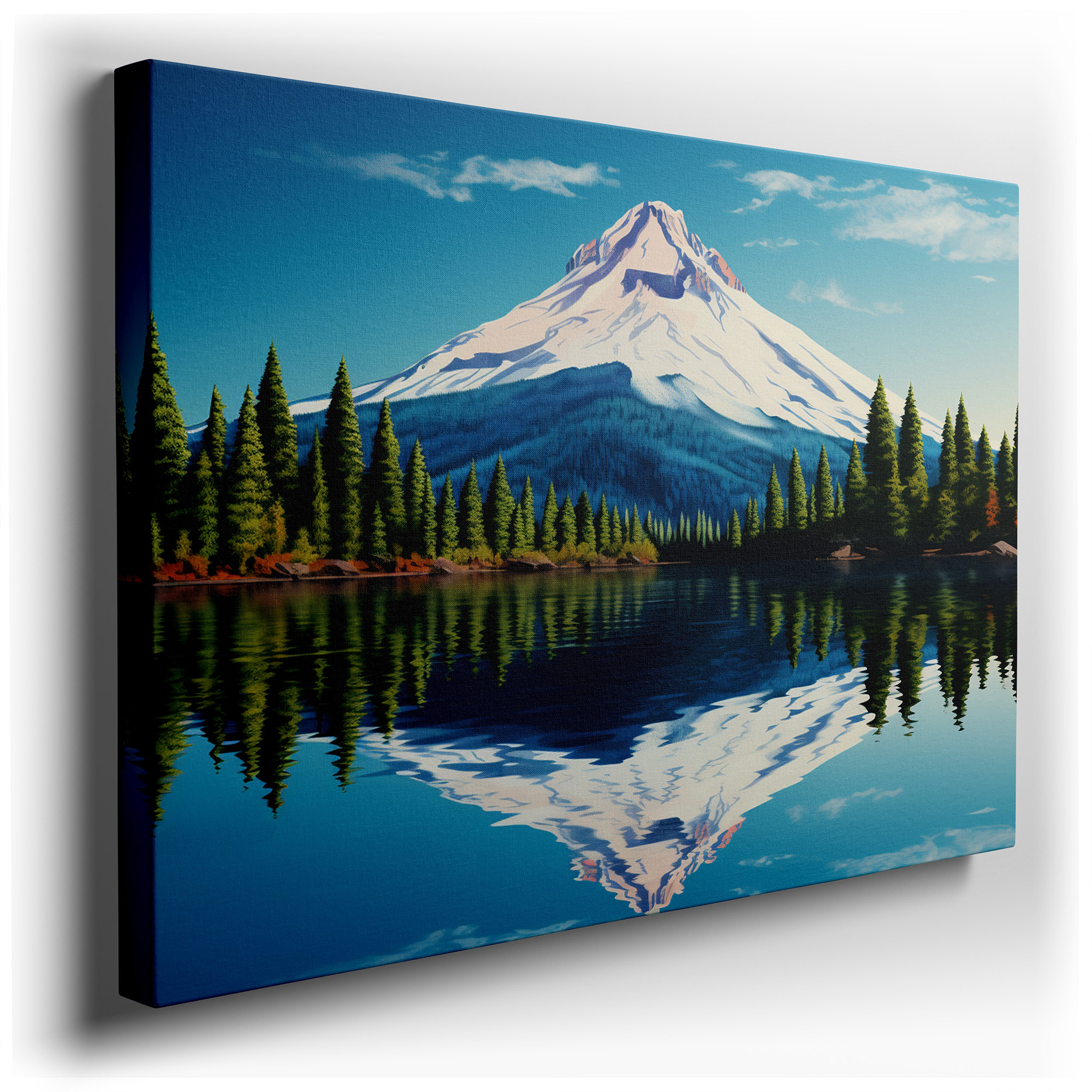 Majestic Mountain and Serene Lake Reflections Amidst Lush Pine Forests: Large Canvas Wall Art for Office and Bedroom