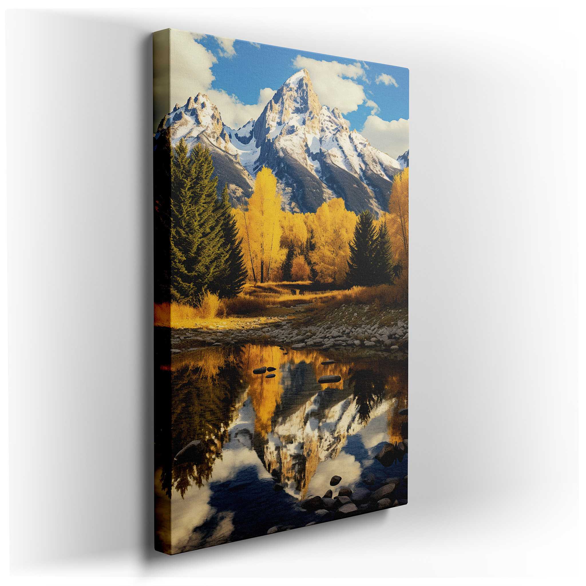Majestic Mountain Peak and Autumn Trees Reflection in a Serene Lake - Large Canvas Wall Art for Office and Bedroom