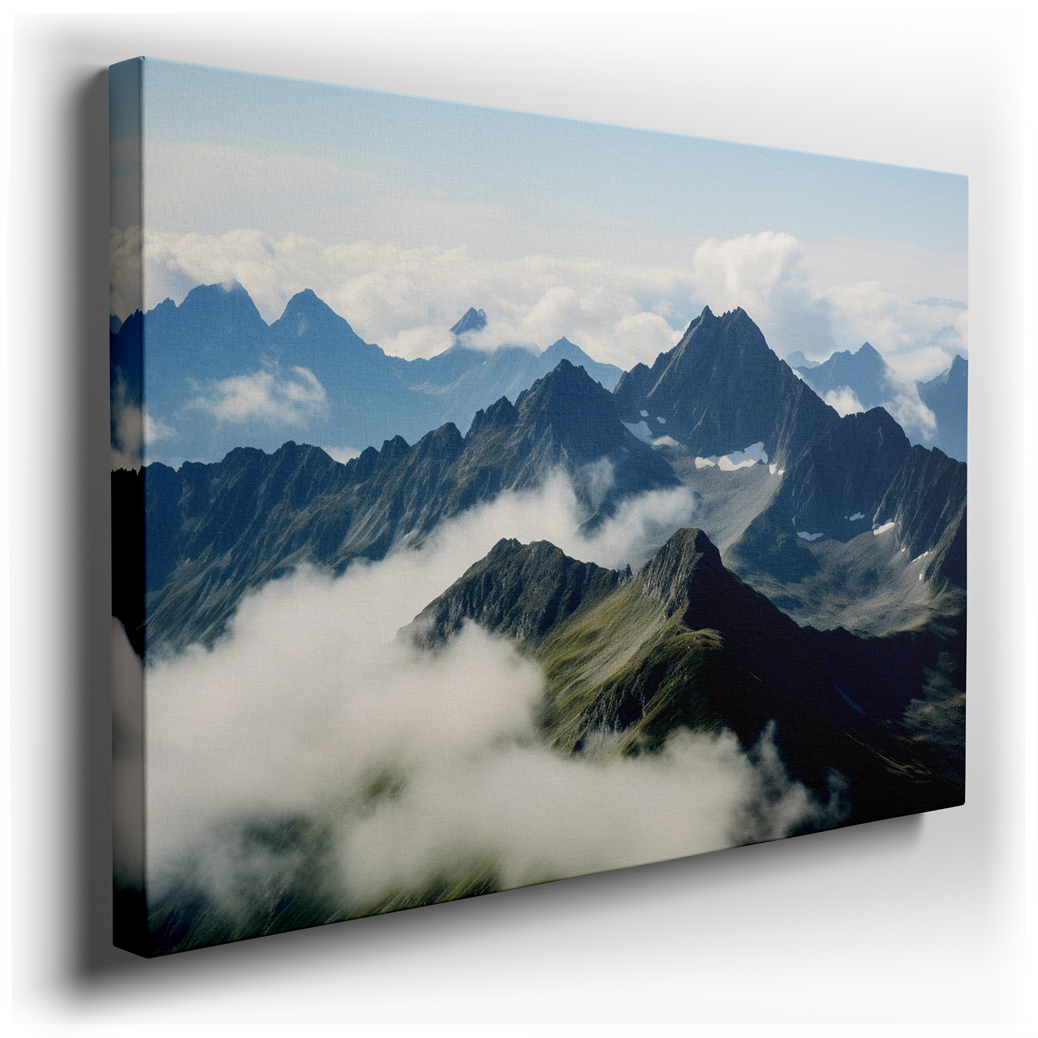 Majestic Mountain Peaks Ascending Beyond the Clouds, Panoramic Landscape Large Canvas Wall Art for Office and Bedroom