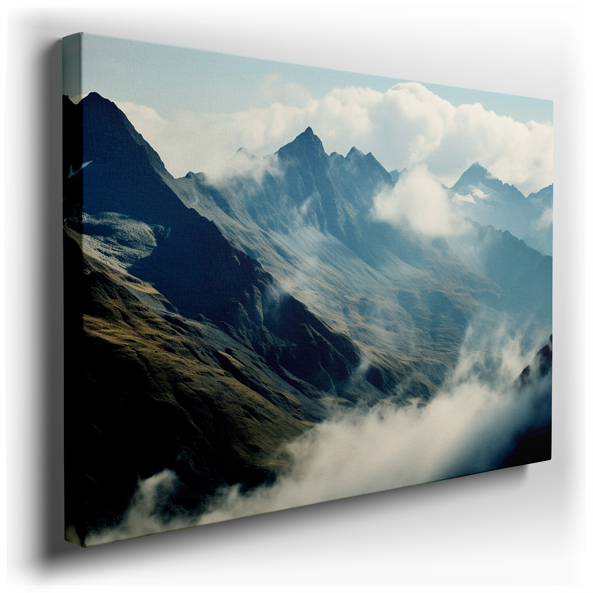 Majestic Mountain Peaks Ascending into Cloud - Covered Skies, Serene Yet Imposing Landscape Large Wall Art, Canvas Wall