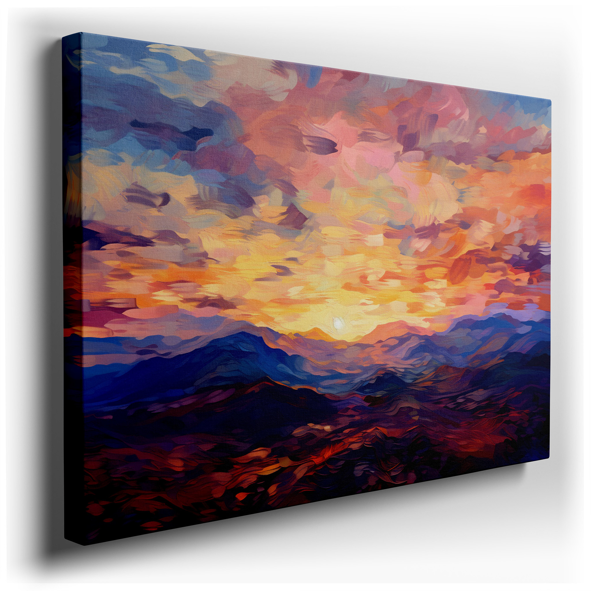 Majestic Mountain Sunset: A Serene Blend of Warm Oranges and Cool Blues, Large Canvas Wall Art for Home and Office