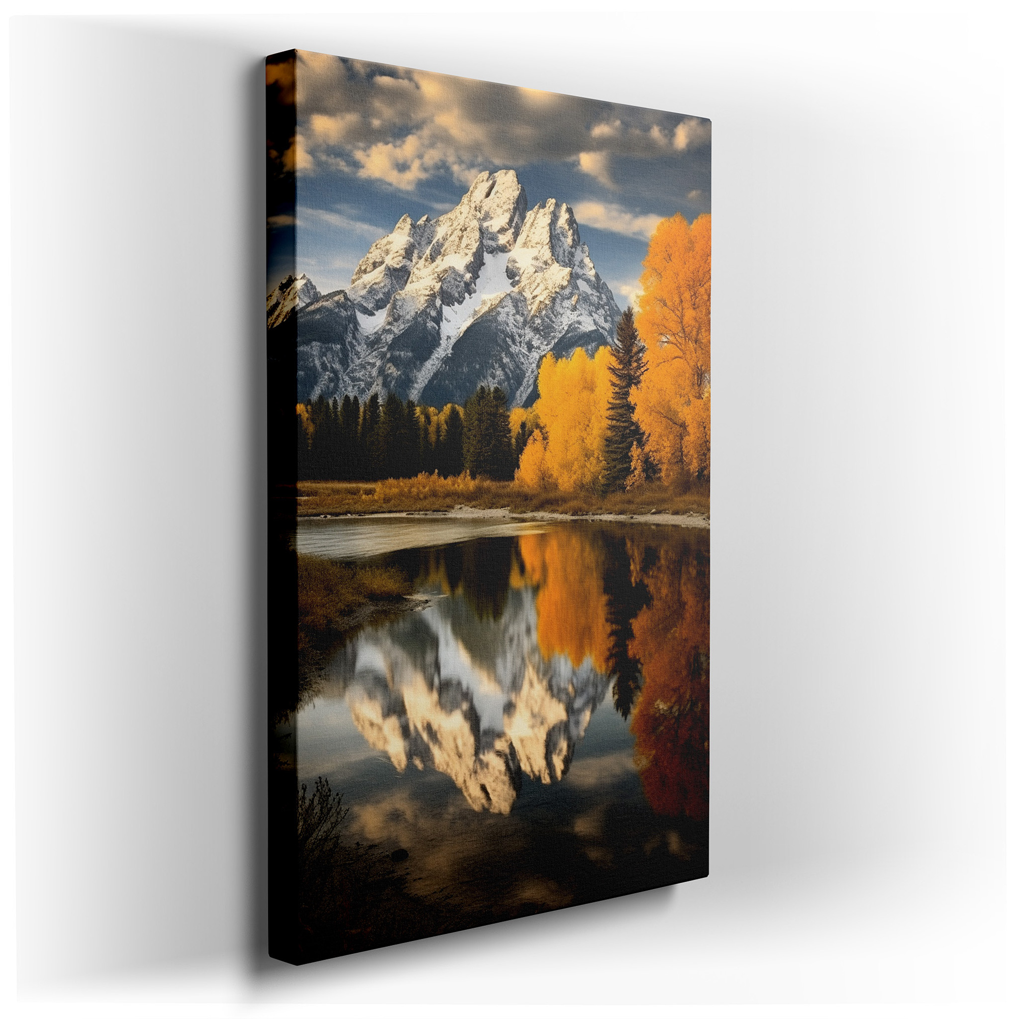 Majestic Mountains and Autumn Reflections in a Tranquil Lake: Large Canvas Wall Art for Office, Bedroom, and Living
