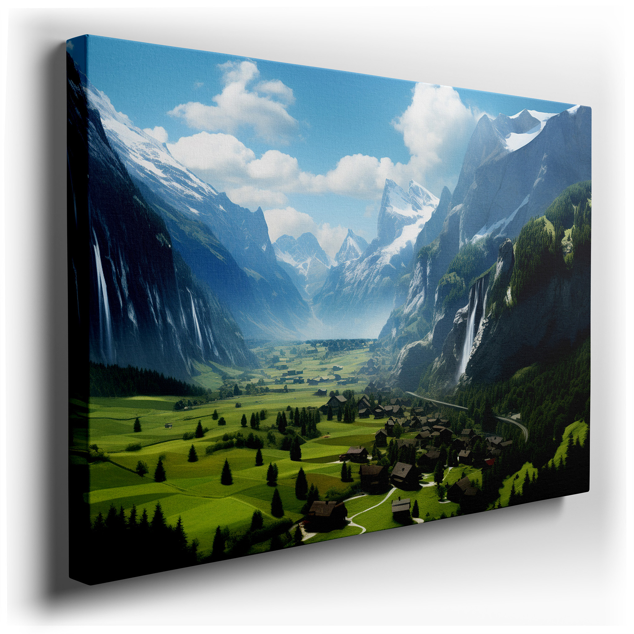 Majestic Mountains and Charming Village Surrounded by Green Valleys and Waterfalls - Large Canvas Wall Art for Home and