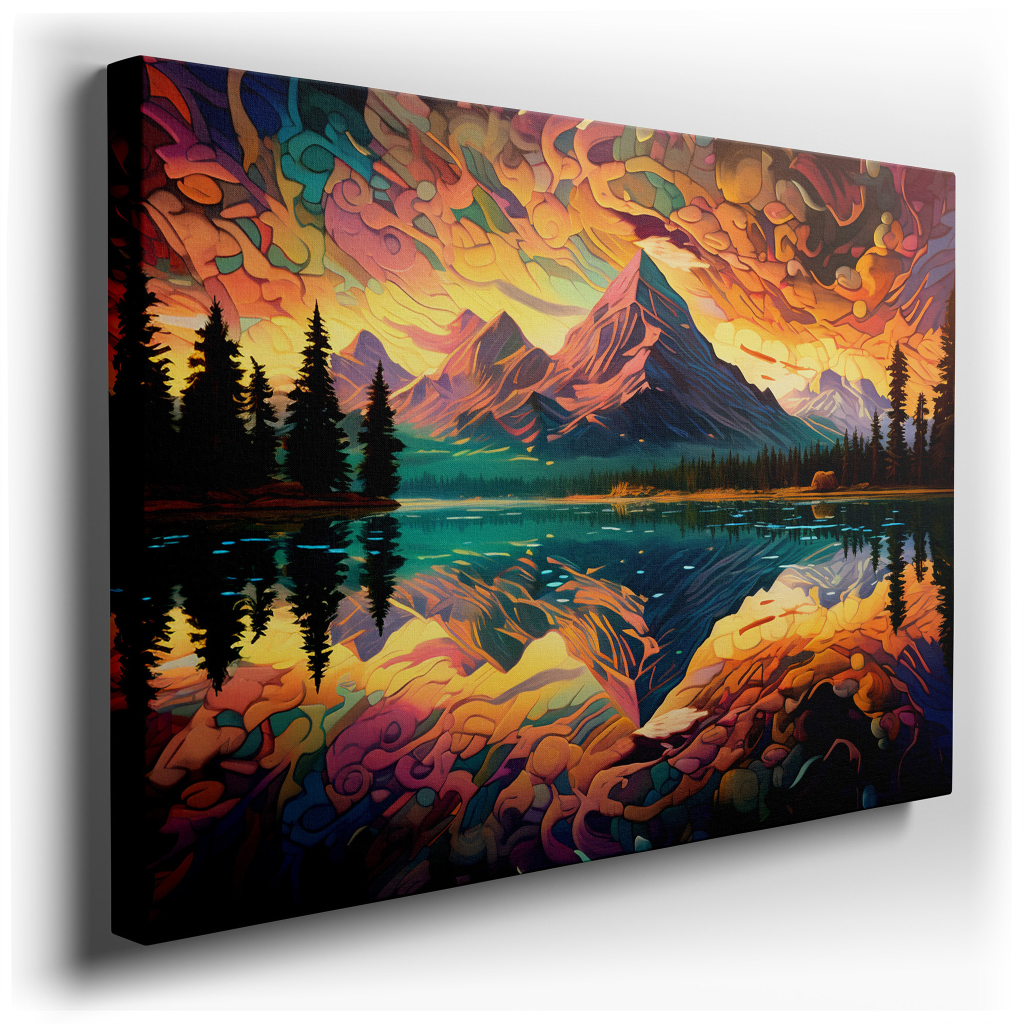 Majestic Mountains and Radiant Skies: A Nature's Grandeur Canvas Reflected in a Sparkling Lake - Large Wall Art for