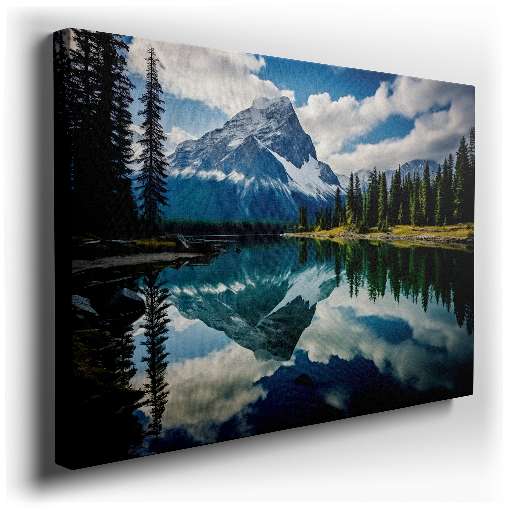 Majestic Mountains and Serene Lake Reflections Beneath Captivating Skies: Large Canvas Wall Art for Office and Bedroom