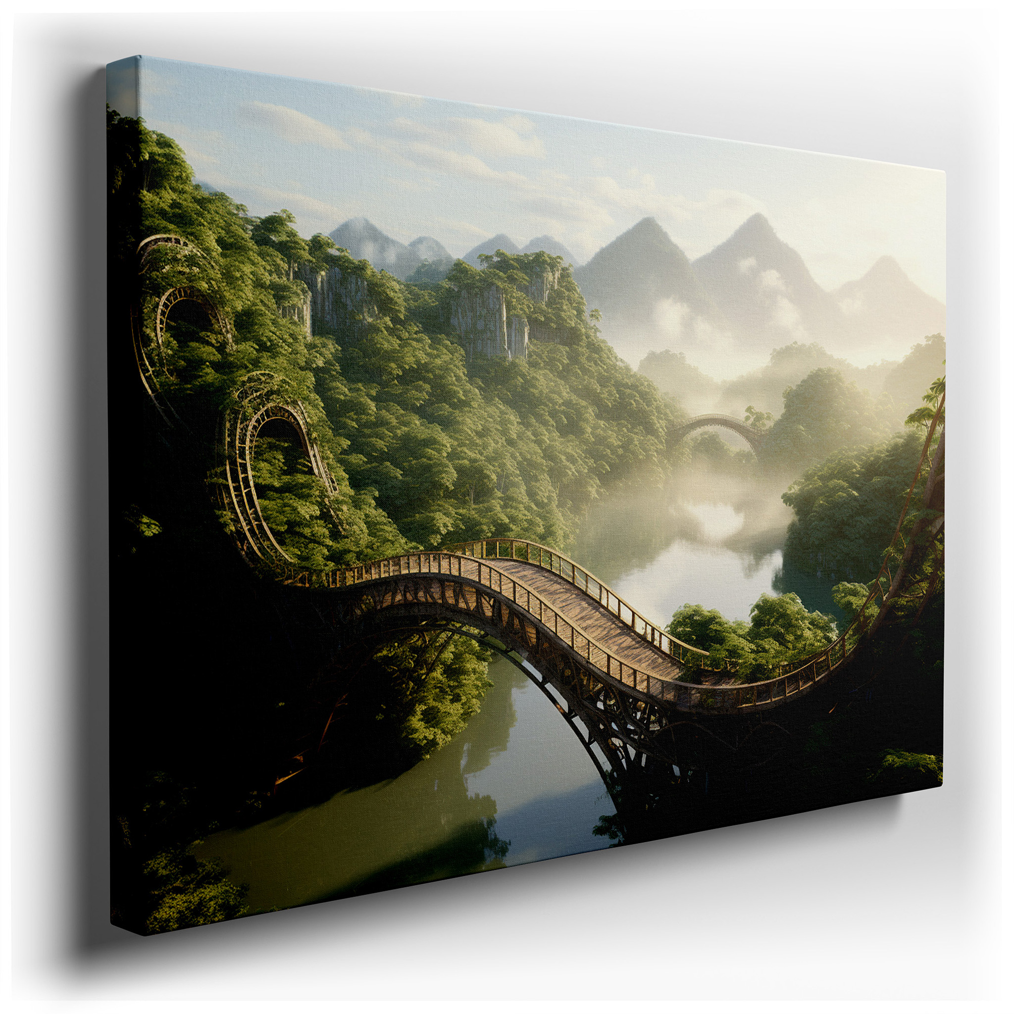 Majestic Mountains and Tranquil River with Rustic Bridge Surrounded by Lush Greenery Large Wall Art, Canvas Wall Art,