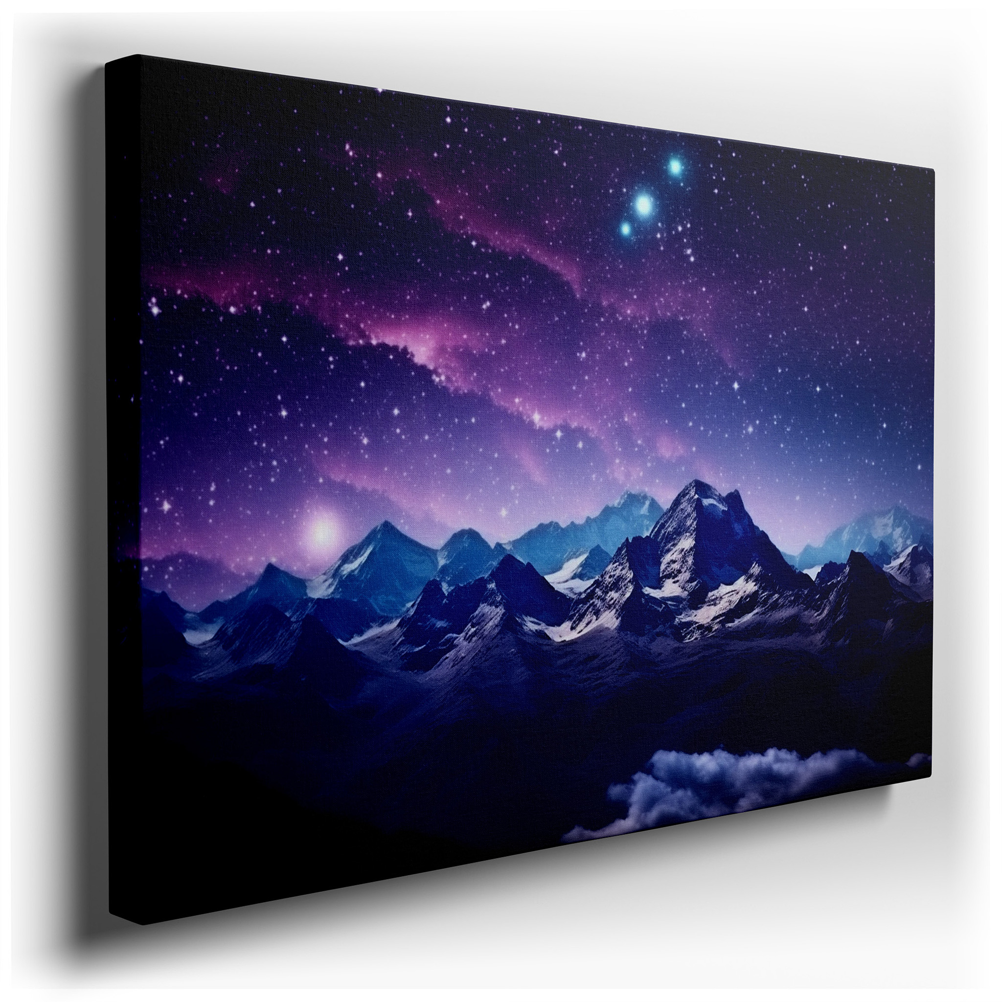 Majestic Mountains Beneath a Cosmic Sky: A Celestial Play of Light and Shadow - Large Canvas Wall Art for Office Decor