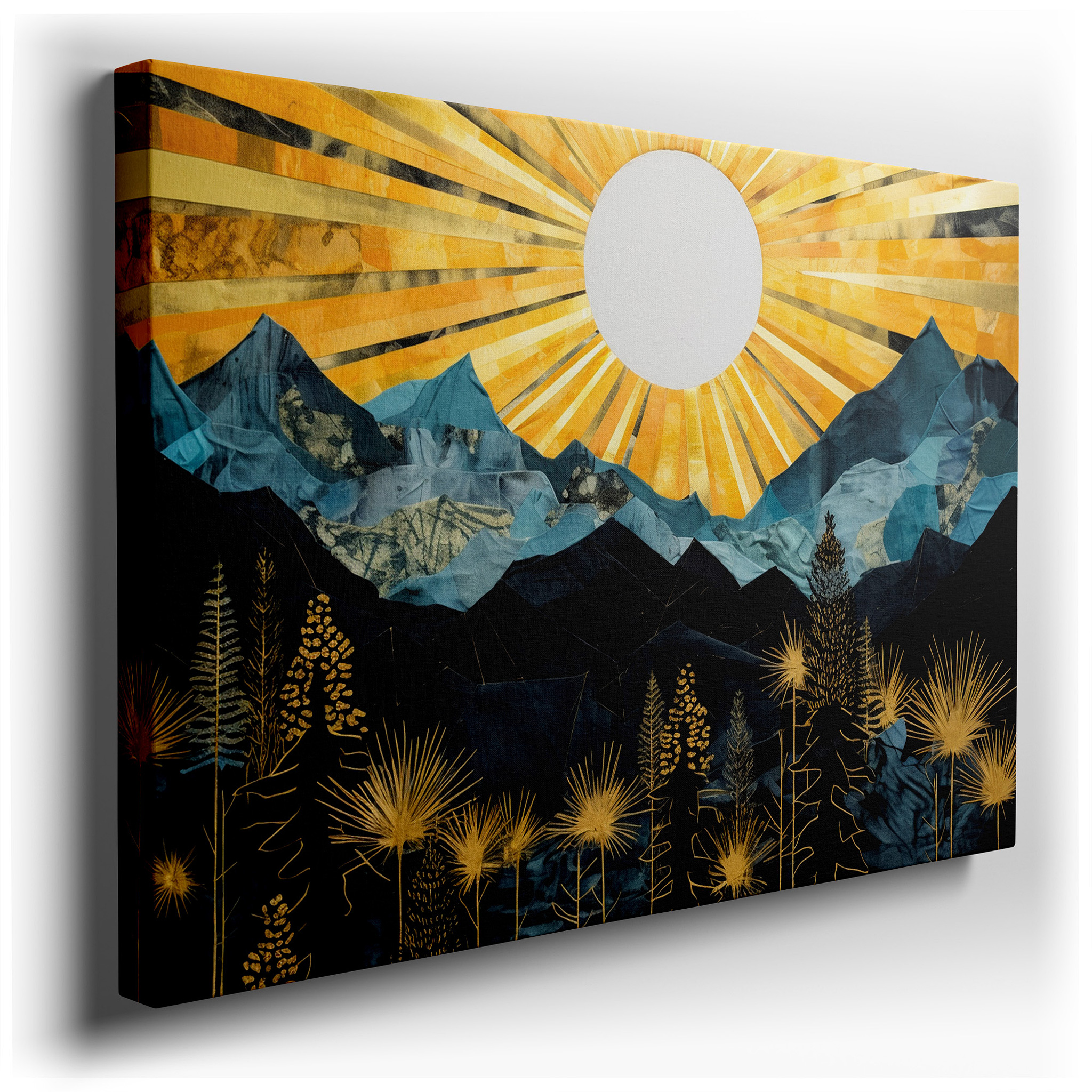 Majestic Mountains in Deep Blues and Golden Rays: Large Canvas Wall Art Depicting Nature's Grandeur for Office and