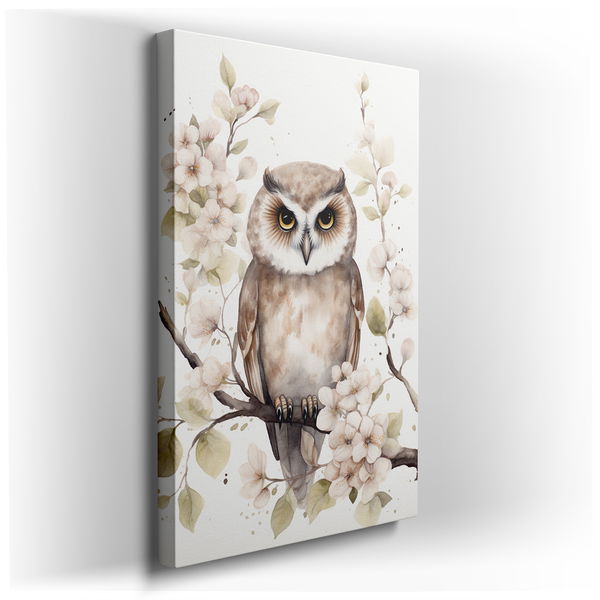 Majestic Owl and Cherry Blossoms - Tranquil Watercolor Canvas Wall Art