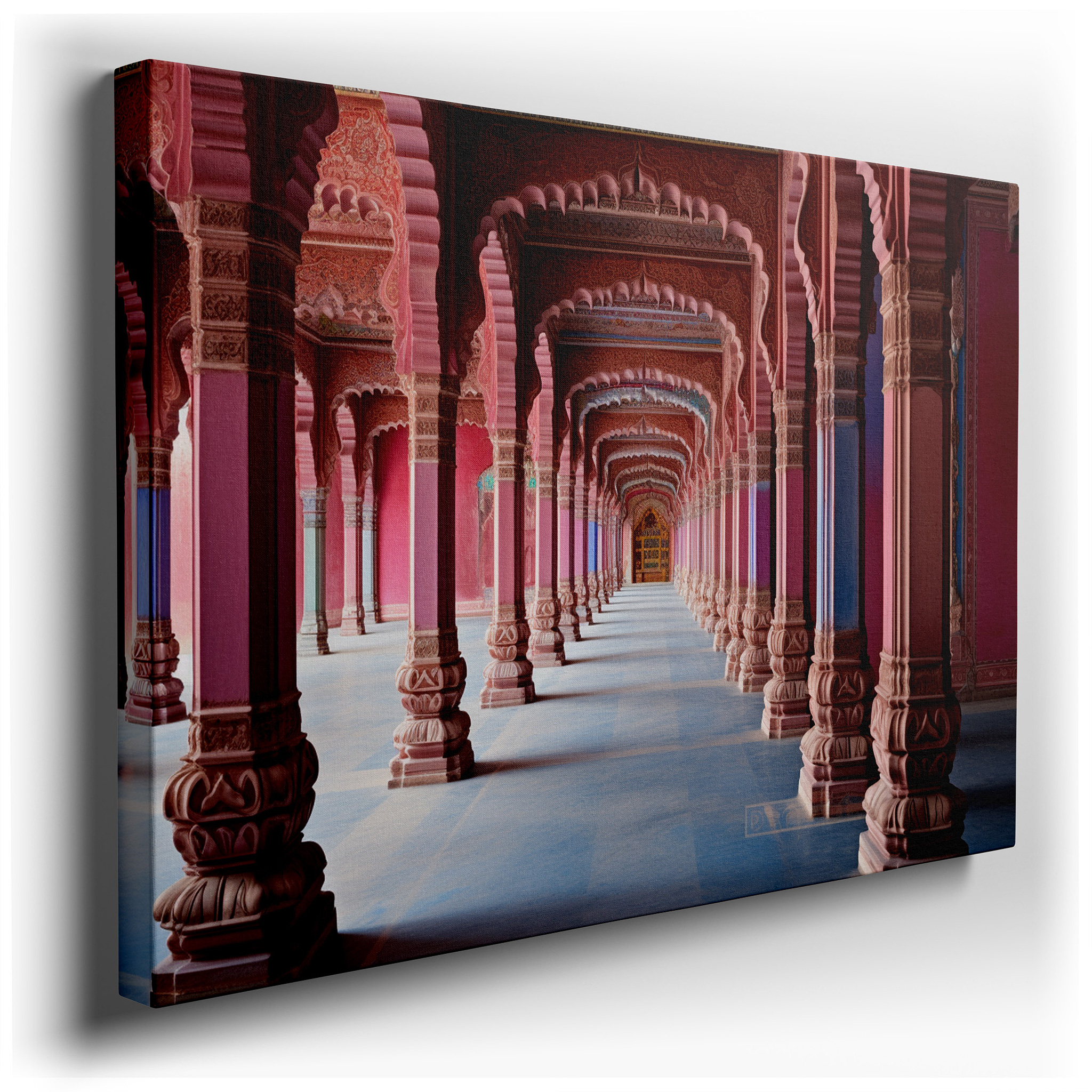 Majestic Palace Hallway Canvas Featuring Ornate Pink Columns and Vibrant Arches, Ideal for Office, Bedroom, and Home