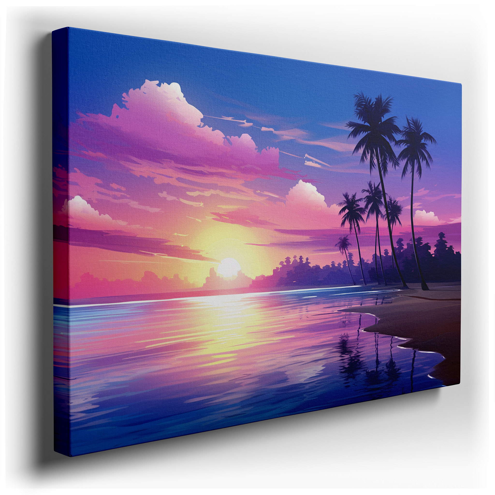 Majestic Palm Silhouettes Against a Vibrant Sunset Sky, Serene Beach Paradise Large Wall Art, Canvas Wall Art, Wall