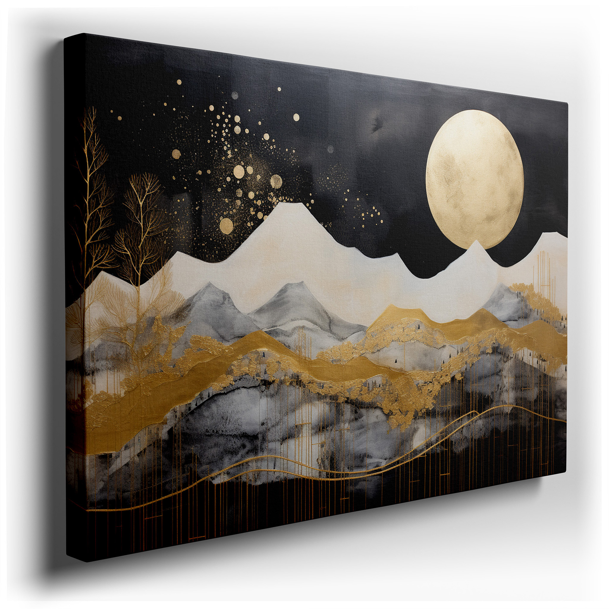 Majestic Peaks and Golden Moonlight: A Symphony of Nature and Cosmos - Abstract Large Wall Art, Canvas Wall Art, Wall