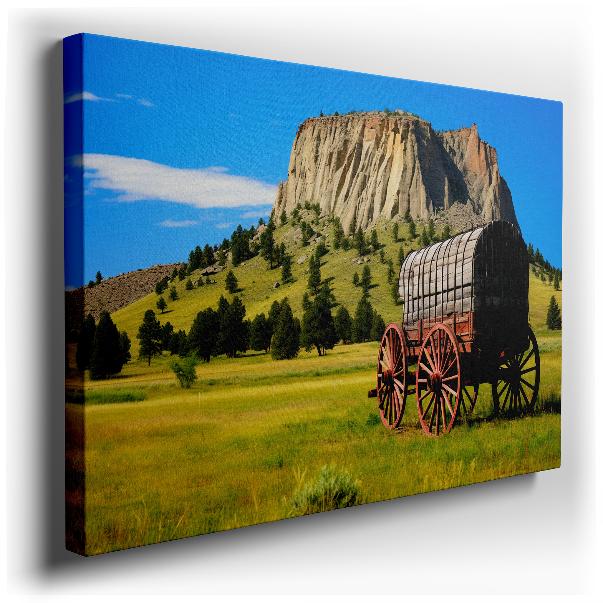 Majestic Rocks with Wagon at Base, Emblematic of Adventure and Natural Artistry, Large Canvas Wall Art for Office Decor