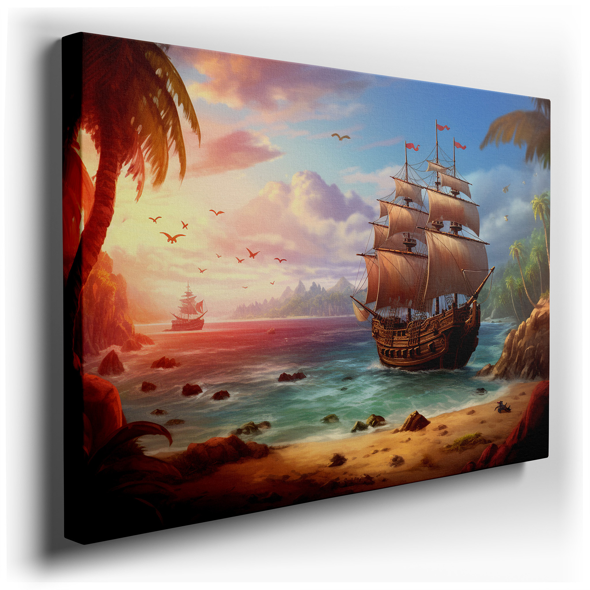 Majestic Sailing Ship at Sunset Canvas Print, Navigating Tropical Waters Under Golden Skies, Large Wall Decor for