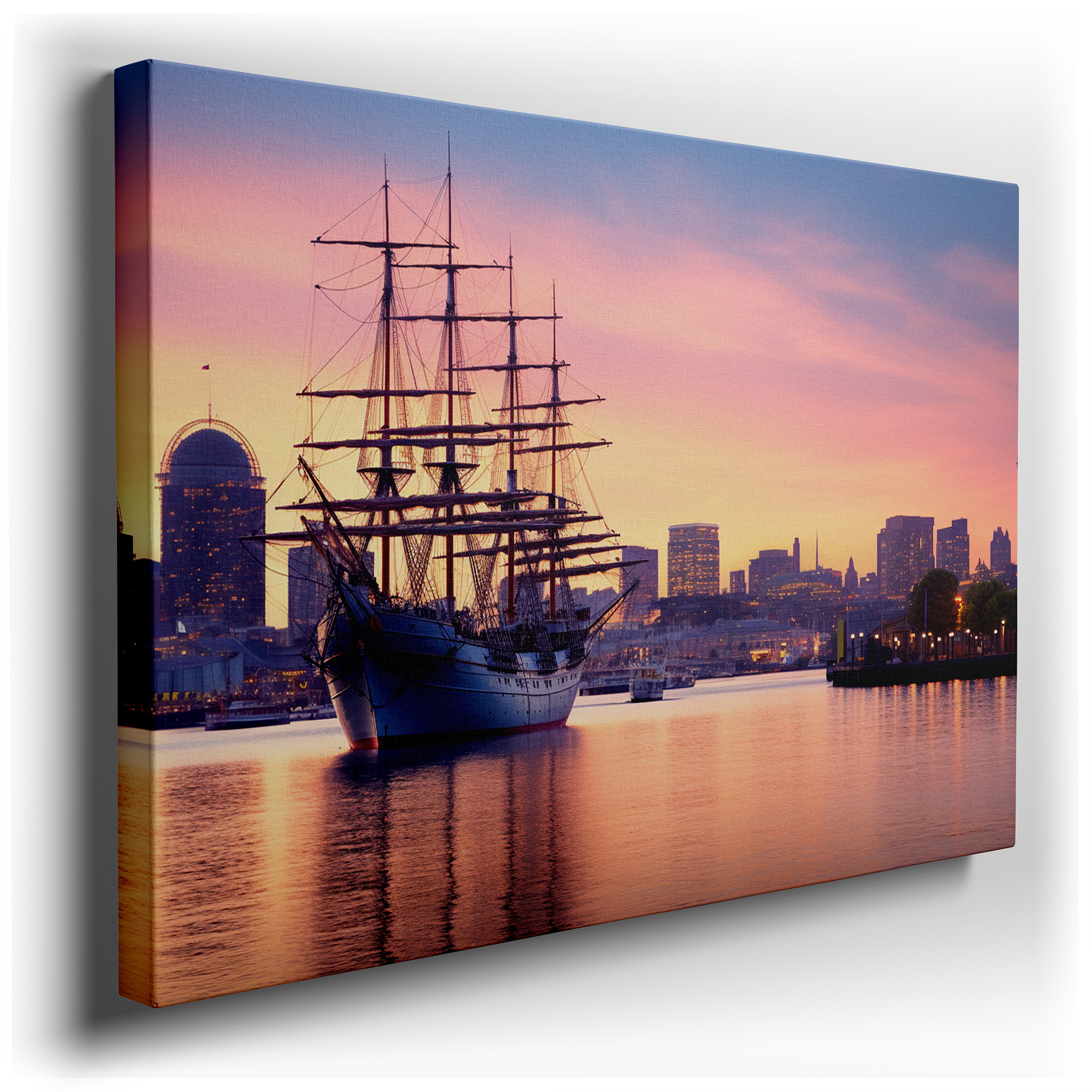 Majestic Sailing Ship by Waterfront with Vibrant City Skyline at Sunset - Large Canvas Wall Art for Office and Bedroom