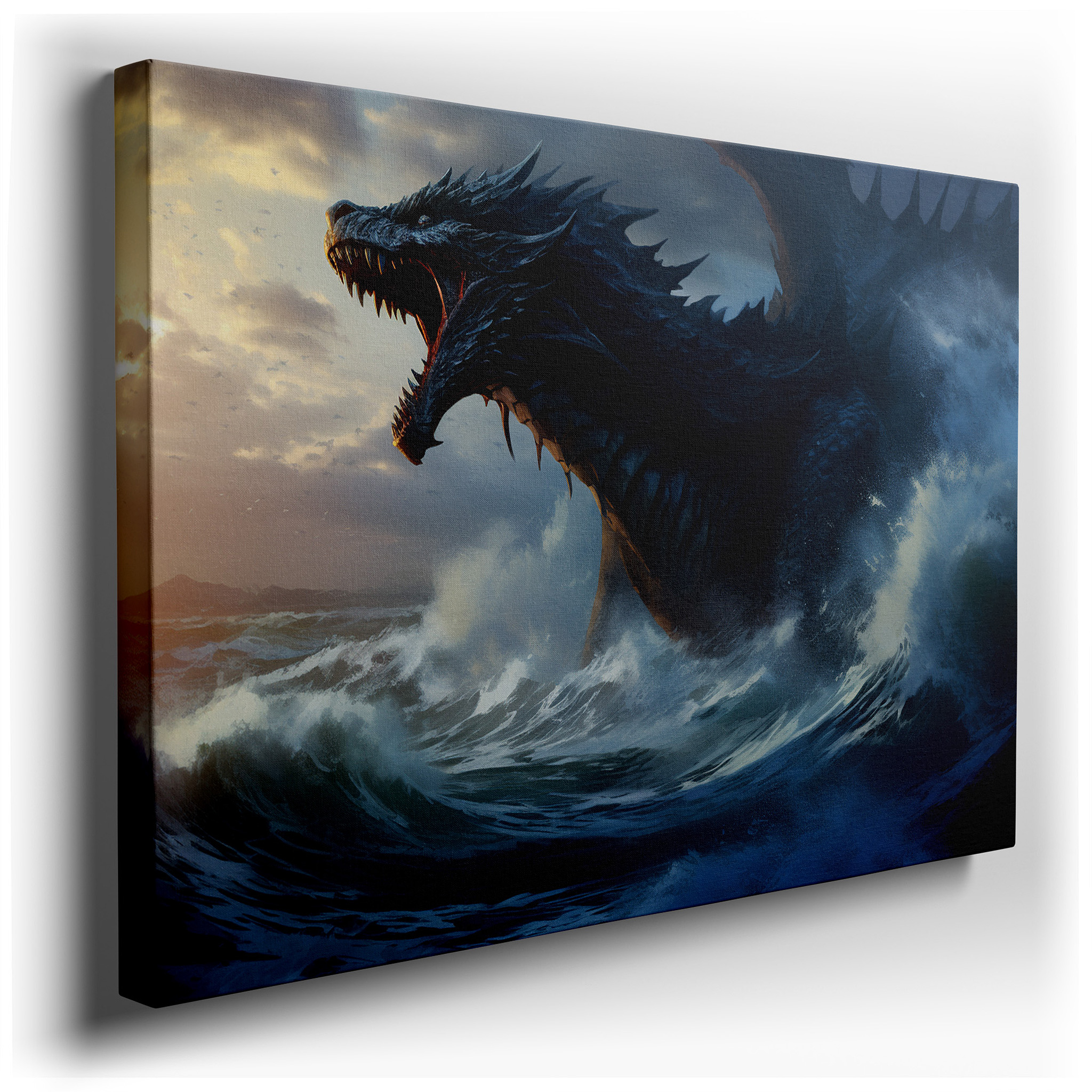 Majestic Sea Creature Emerging from the Ocean Under Twilight Skies - Large Canvas Wall Art for Office and Bedroom Decor