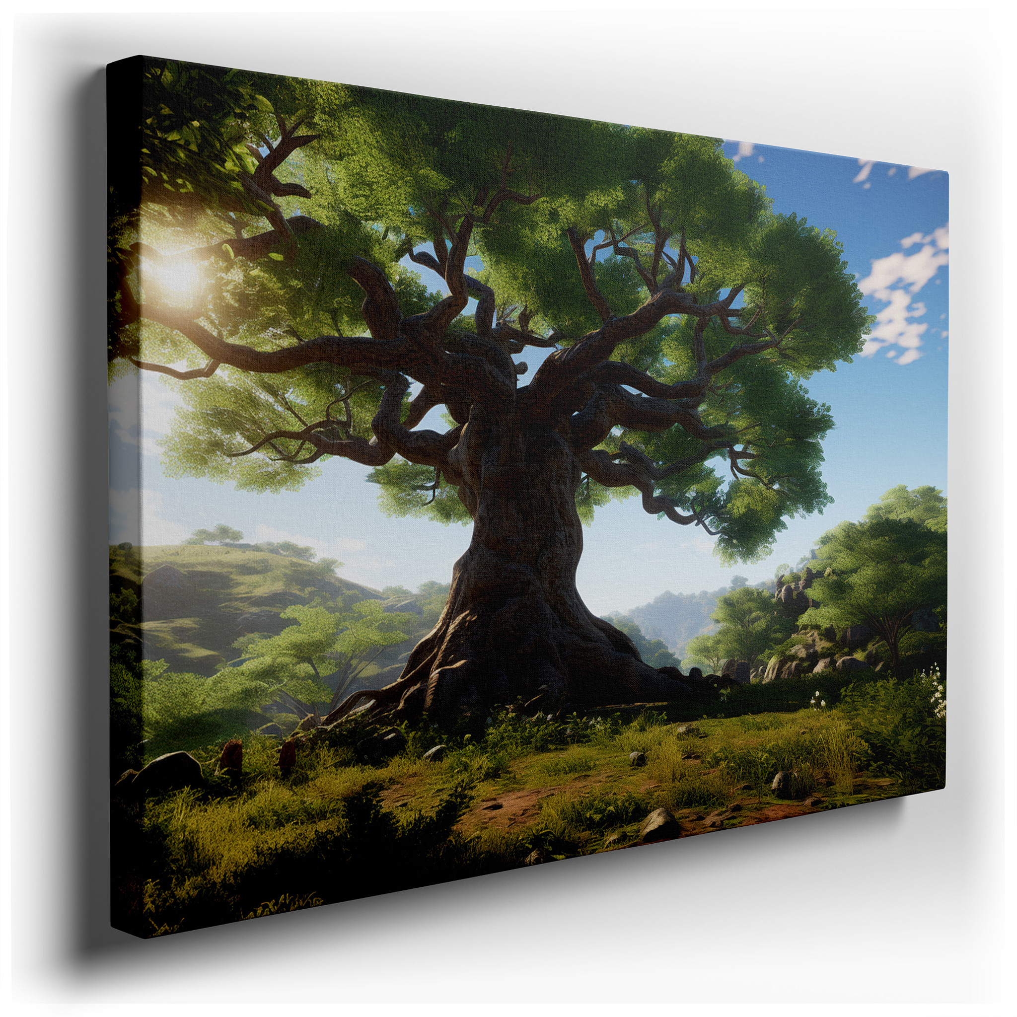 Majestic Tree Amid Green Scenery Under Blue Sky Large Wall Art, Canvas Wall Art, Wall Decor for Office, Bedroom, and