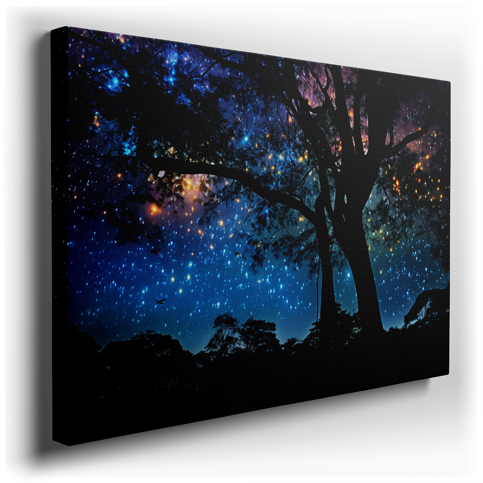 Majestic Tree Silhouette Against a Starry Sky: A Gateway to the Infinite Cosmos - Large Canvas Wall Art for Home and
