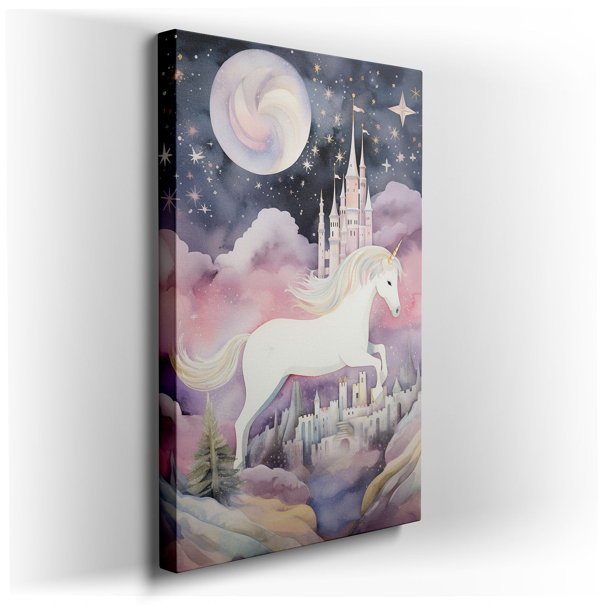 Majestic Unicorn Twilight Leap Wall Art, Silver Mane and Moonlit Castle Canvas, Decorative Wall Art for Office and