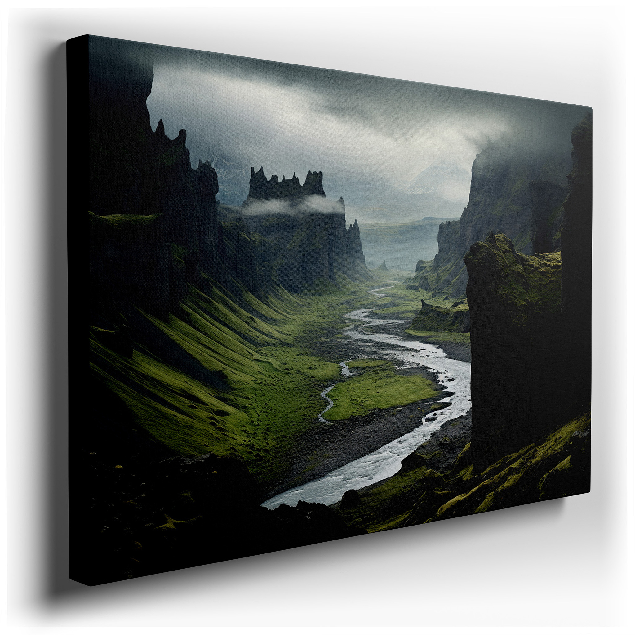 Majestic Valley Featuring a Meandering River and Soaring Cliffs Beneath Overcast Skies - Large Canvas Wall Art for Home